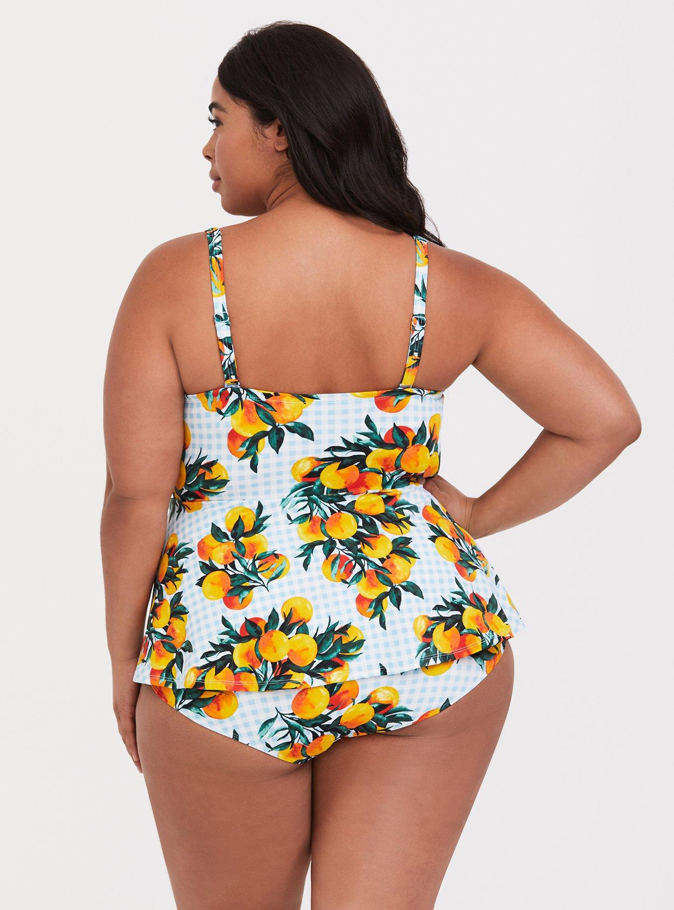 Plus Size Blue Gingham & Oranges Push-Up Demi One-Piece Swimsuit, GINGHAM, alternate