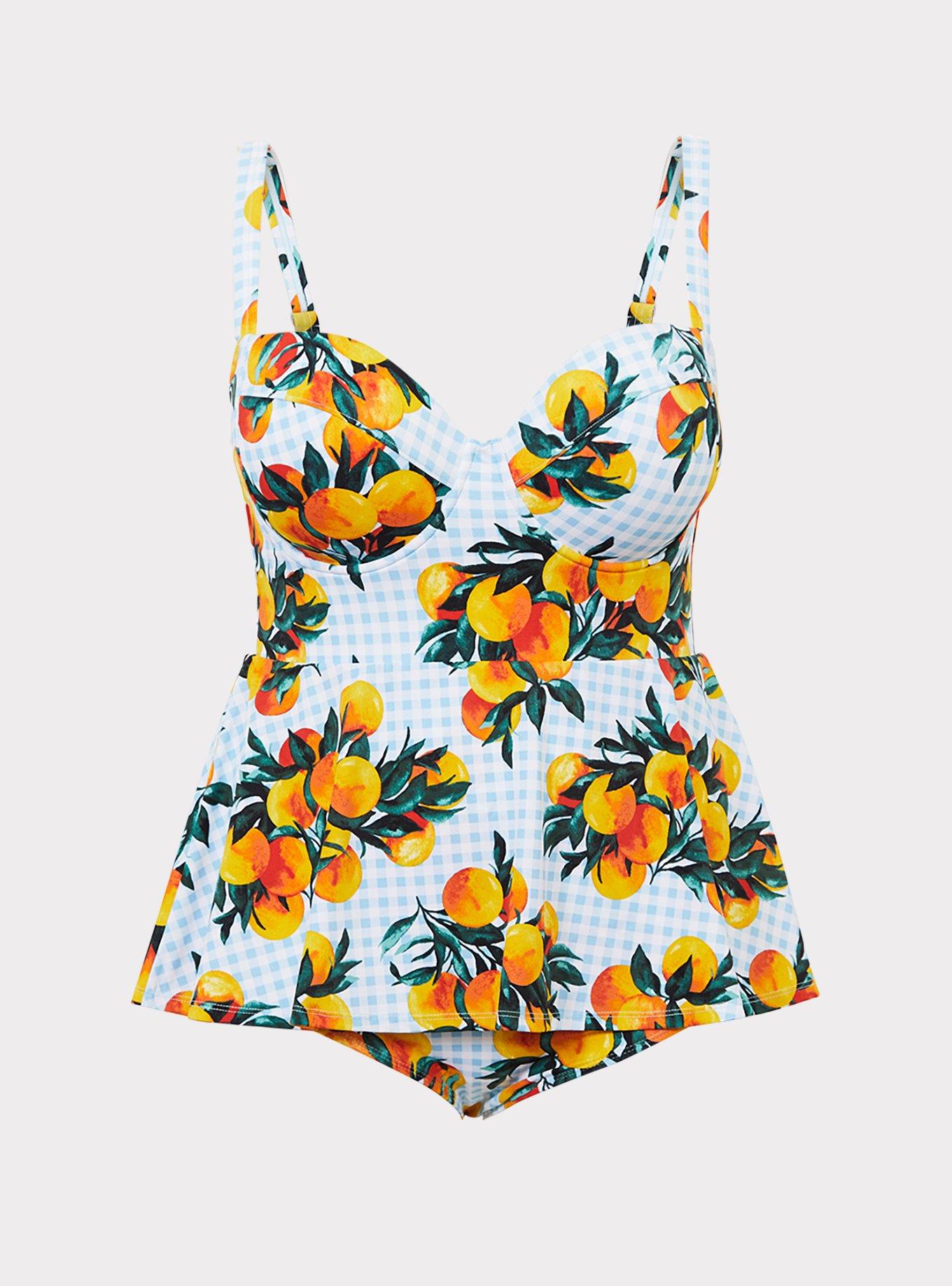 Blue Gingham & Oranges Push-Up Demi One-Piece Swimsuit, , hi-res