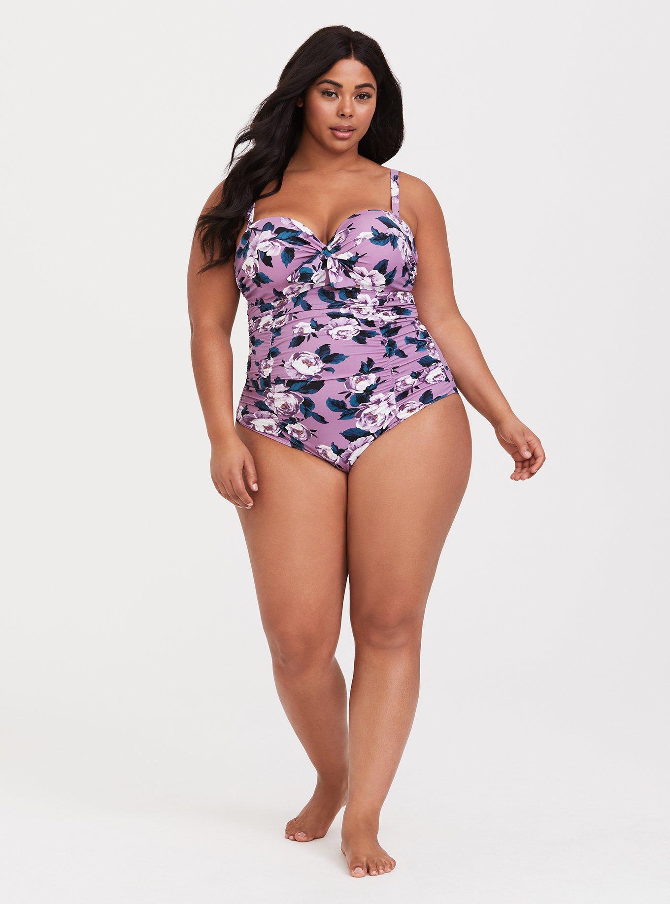 Underwire Ruched Tie-Front One Piece Swimsuit, LAVENDER FLORAL, alternate