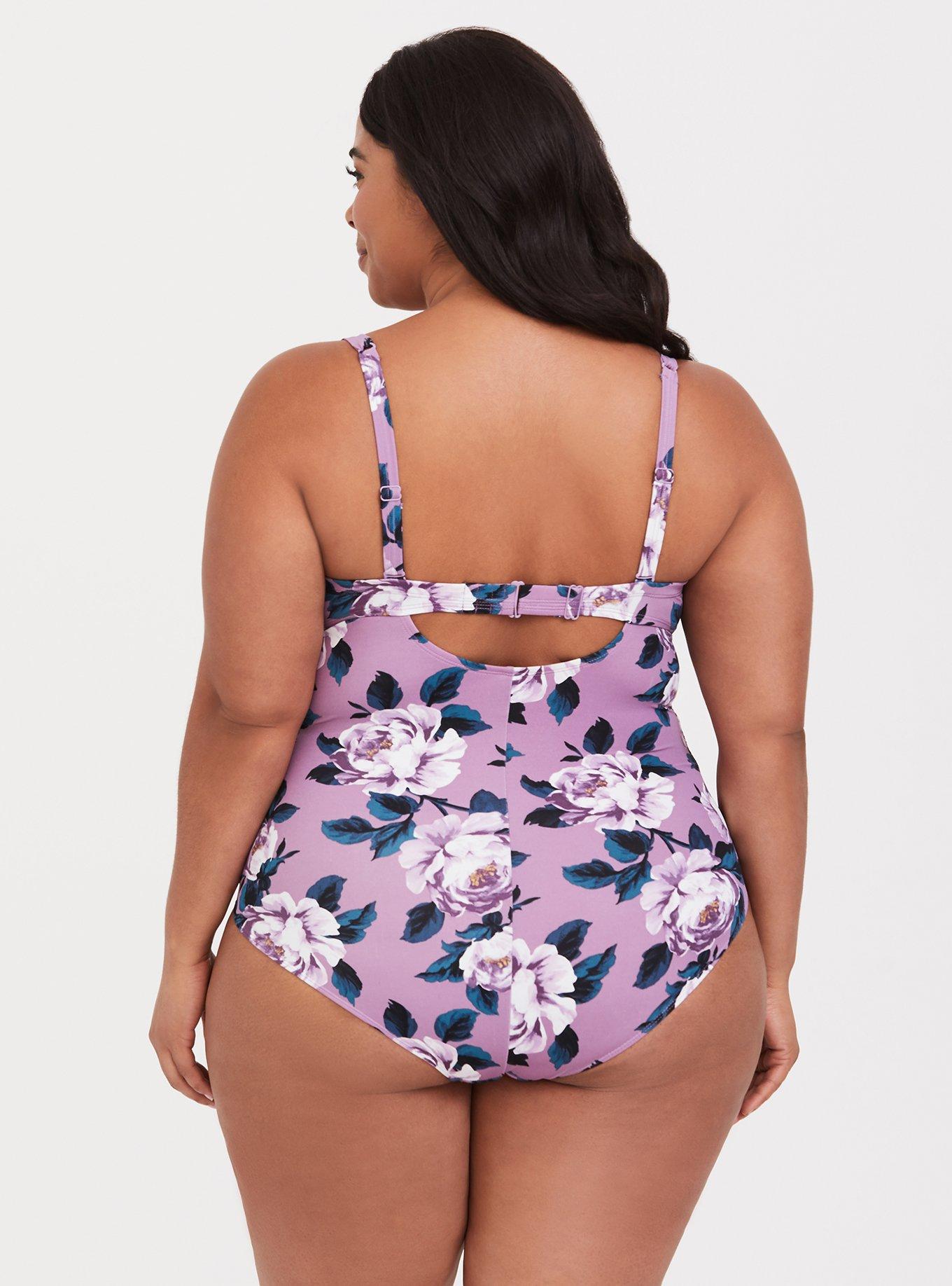 Underwire Ruched Tie-Front One Piece Swimsuit, LAVENDER FLORAL, alternate