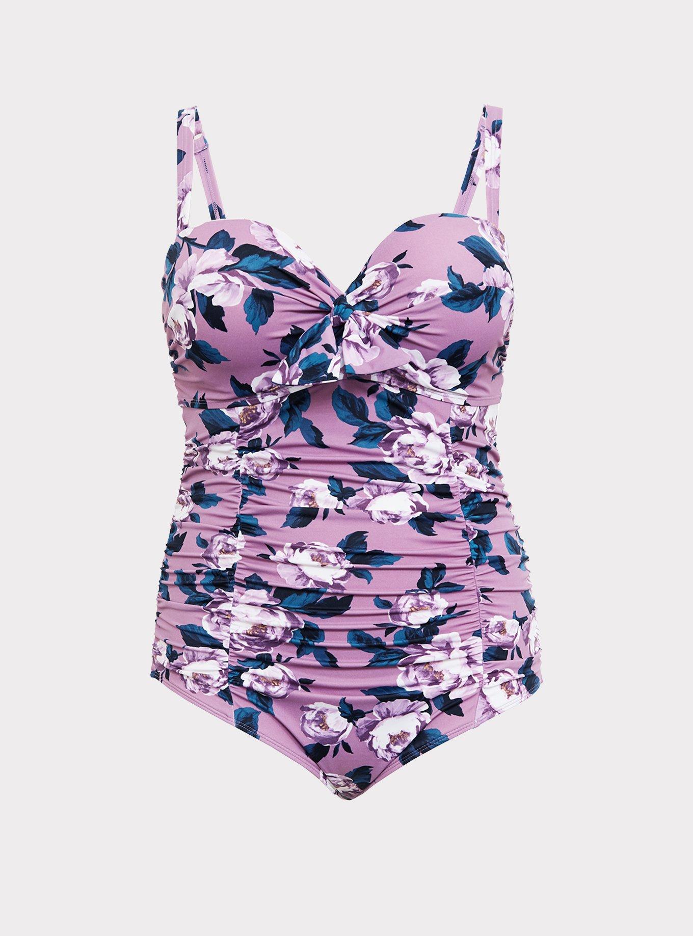 Underwire Ruched Tie-Front One Piece Swimsuit, LAVENDER FLORAL, hi-res