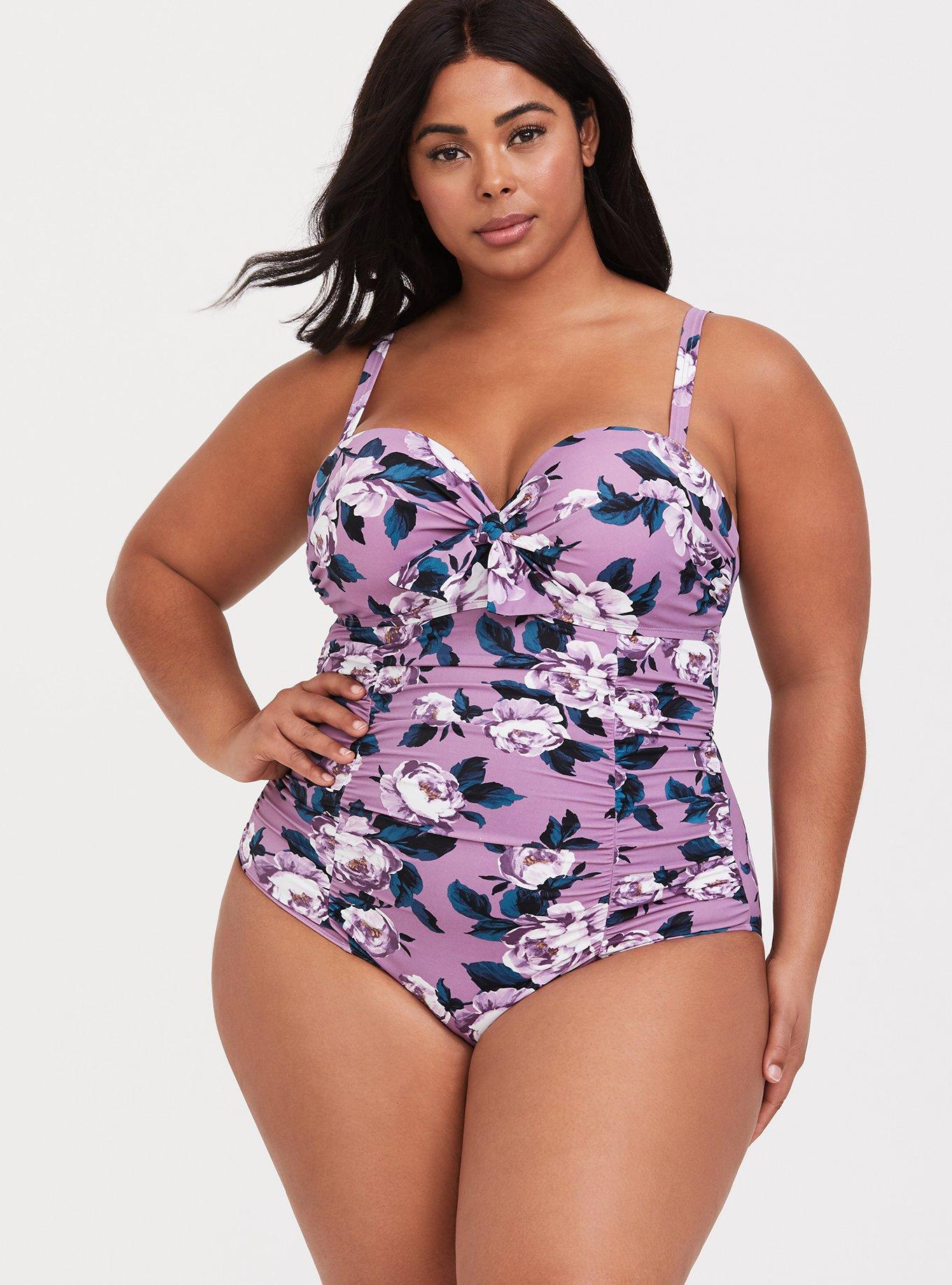 Underwire Ruched Tie-Front One Piece Swimsuit, LAVENDER FLORAL, hi-res