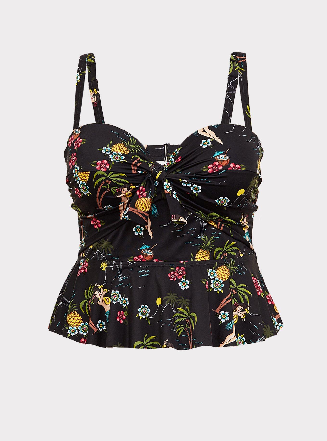 Plus Size Black Hula Girl Tie Front Underwire Tankini Top, , hi-res