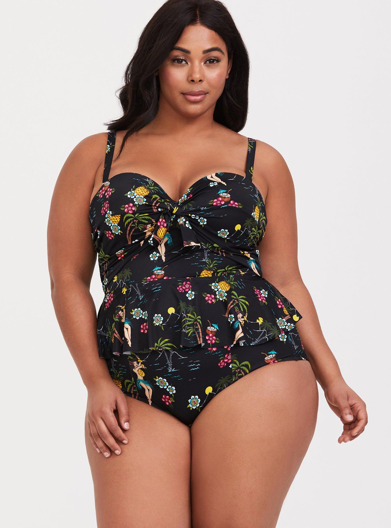 Plus Size Black Hula Girl Tie Front Underwire Tankini Top, , hi-res