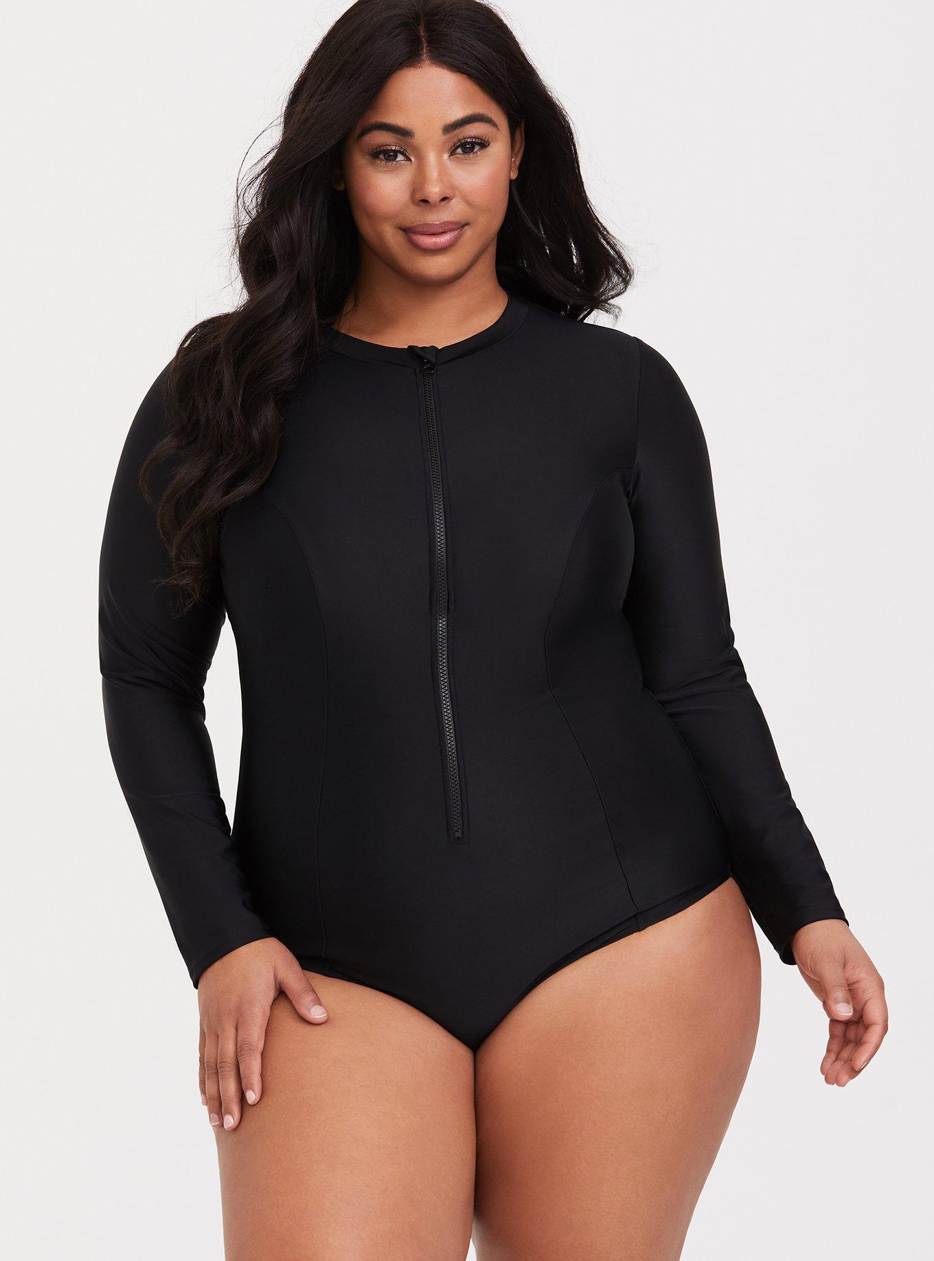 Wireless Long Sleeve Rashguard One Piece Swimsuit, DEEP BLACK, alternate