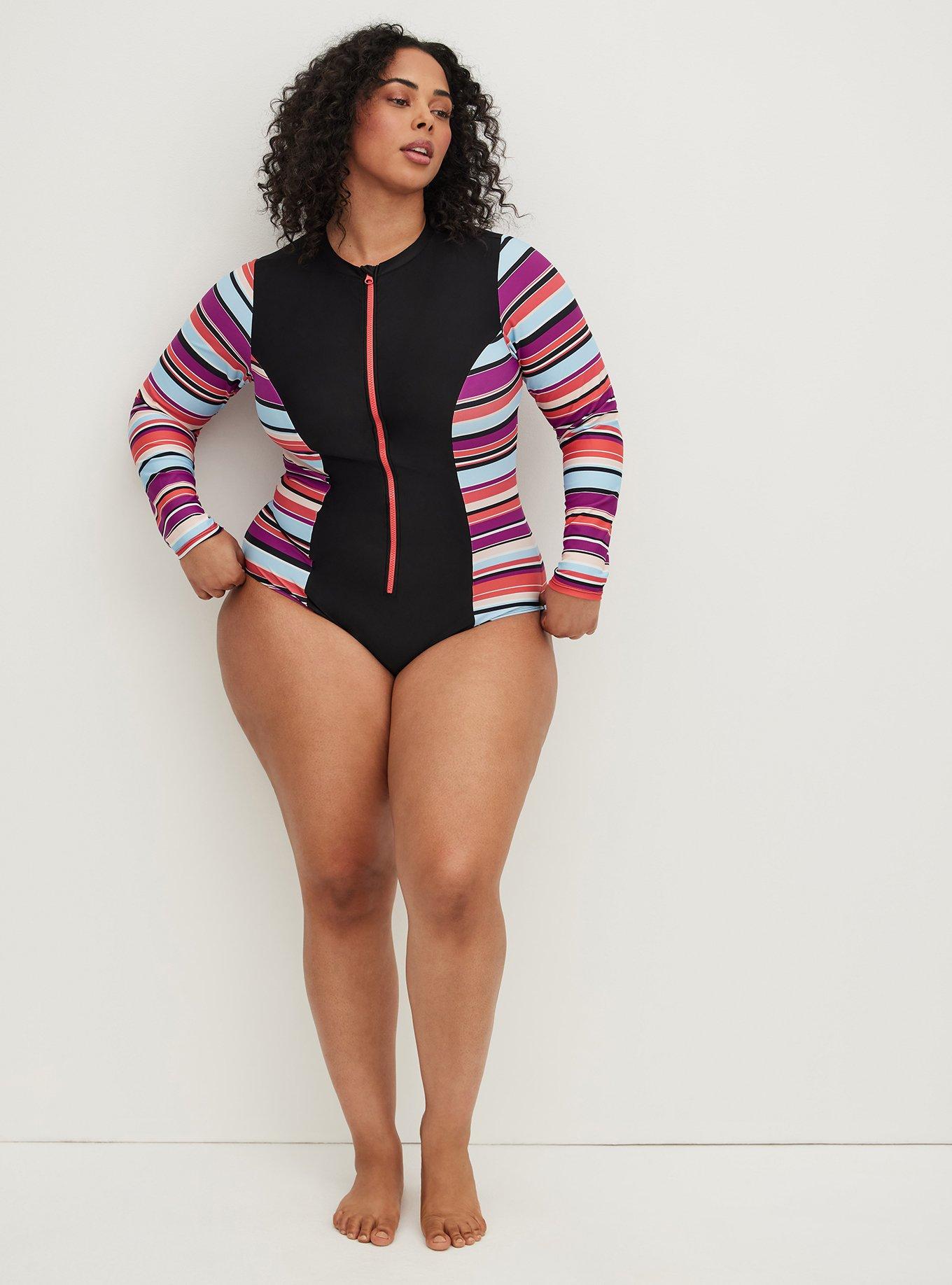 Plus Size Wireless Long Sleeve Rashguard One Piece Swimsuit, SUNSET STRIPE, alternate