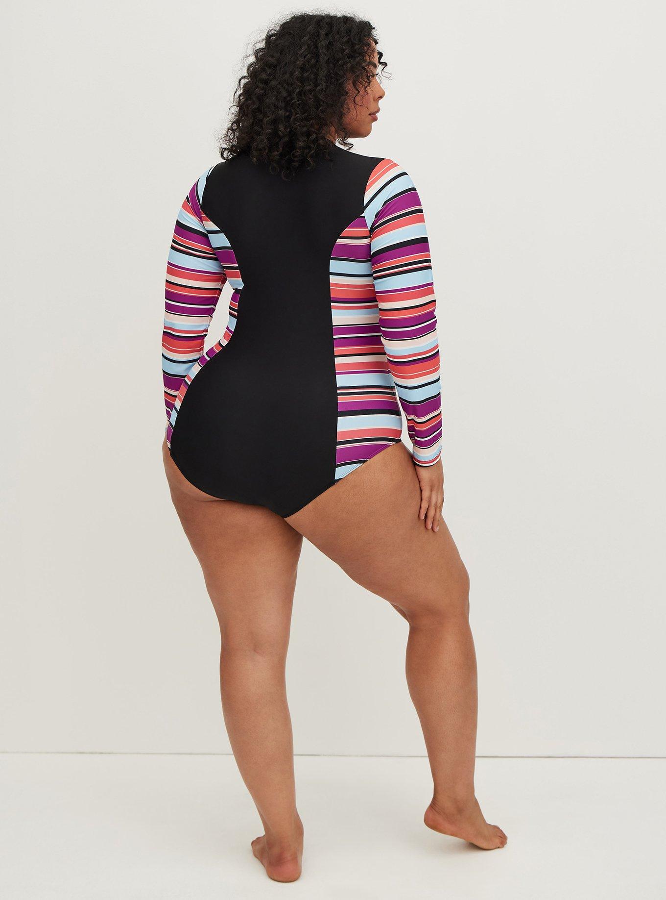 Plus Size Wireless Long Sleeve Rashguard One Piece Swimsuit, SUNSET STRIPE, alternate