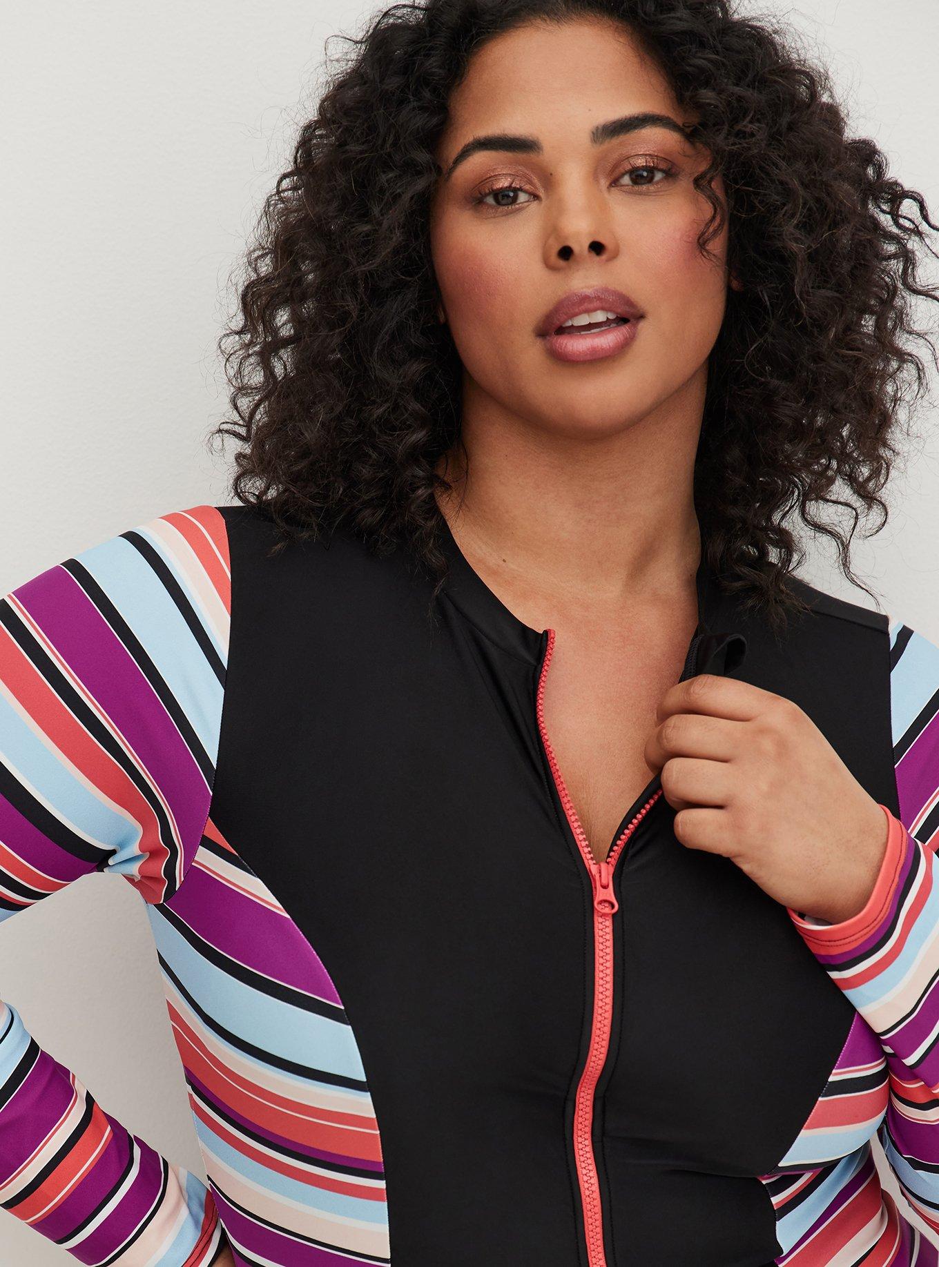 Plus Size Wireless Long Sleeve Rashguard One Piece Swimsuit, SUNSET STRIPE, alternate