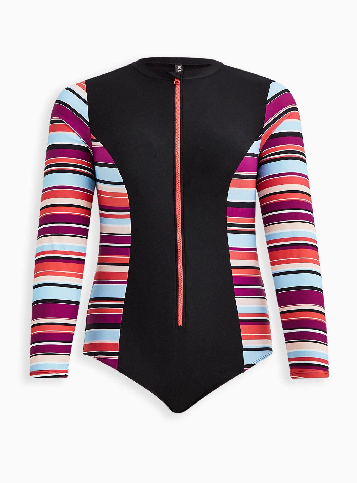 Plus Size Wireless Long Sleeve Rashguard One Piece Swimsuit, SUNSET STRIPE, hi-res