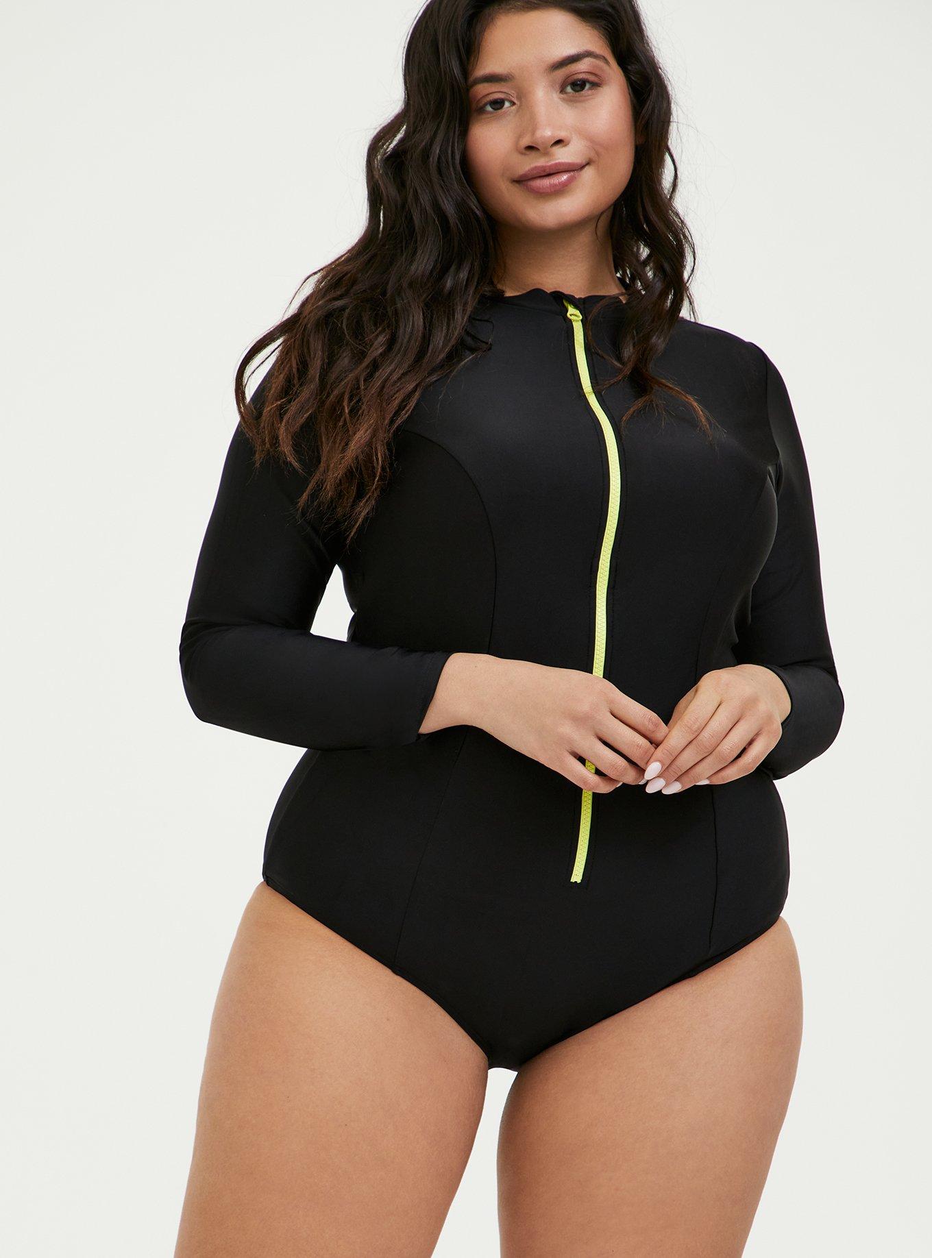 Contrast Long Sleeve Rash Guard One Piece Swimsuit - Neon Green