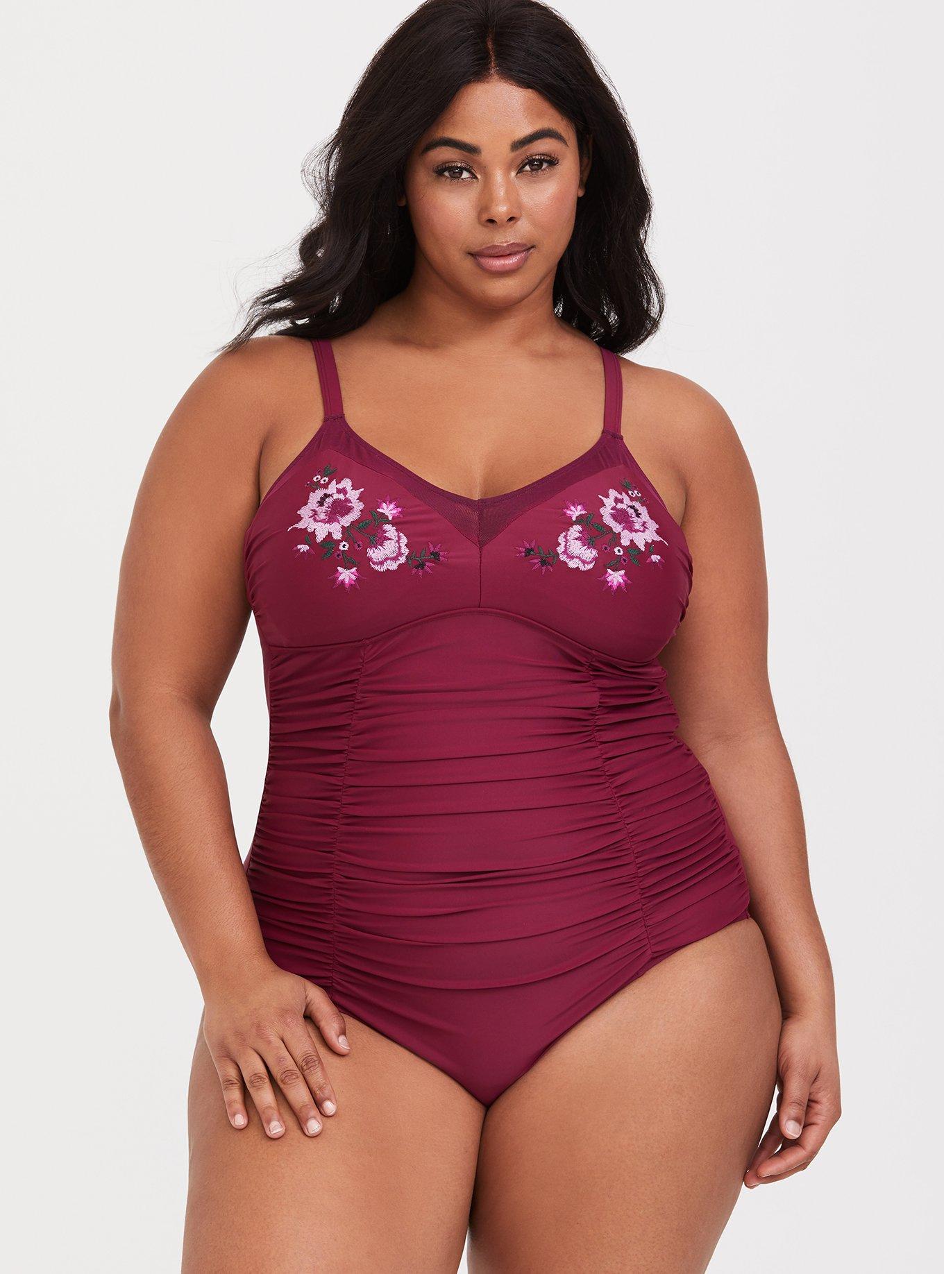 Plus Burgundy Mesh Thong Bodysuit, Plus Size