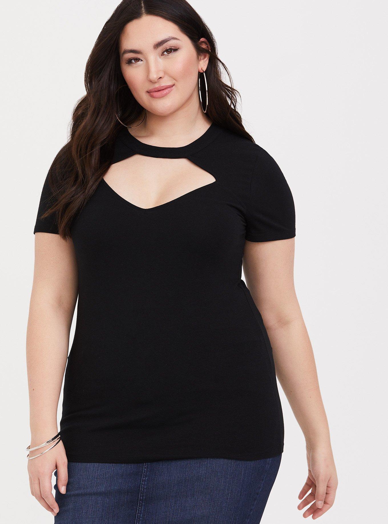 Foxy Choker Neck Keyhole Tee, DEEP BLACK, hi-res