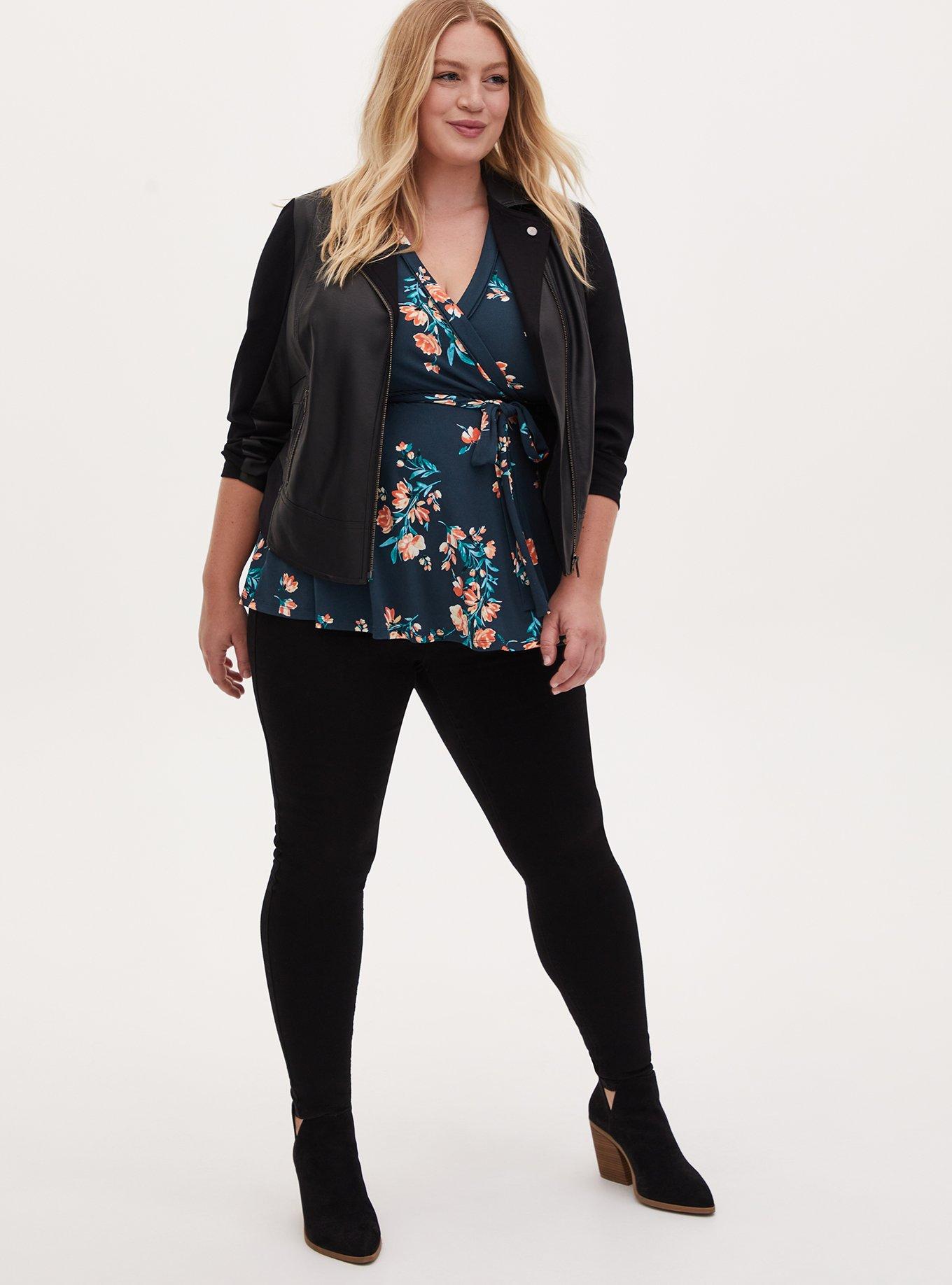 Knit Crepe Wrap Peplum Top, MIDNIGHT NAVY, alternate