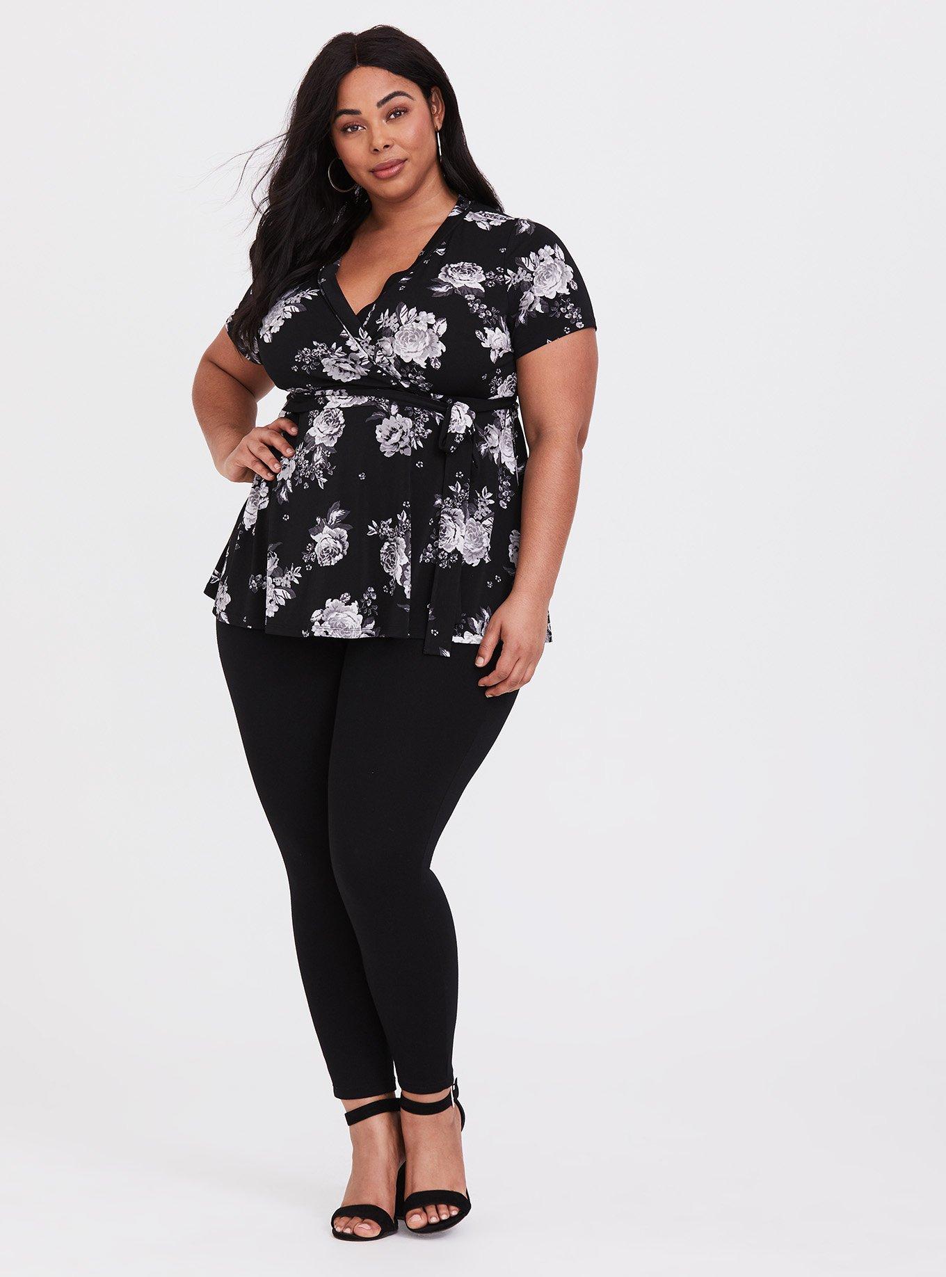 Plus Size Knit Crepe Wrap Peplum Top, PRETTY ROSEY, alternate