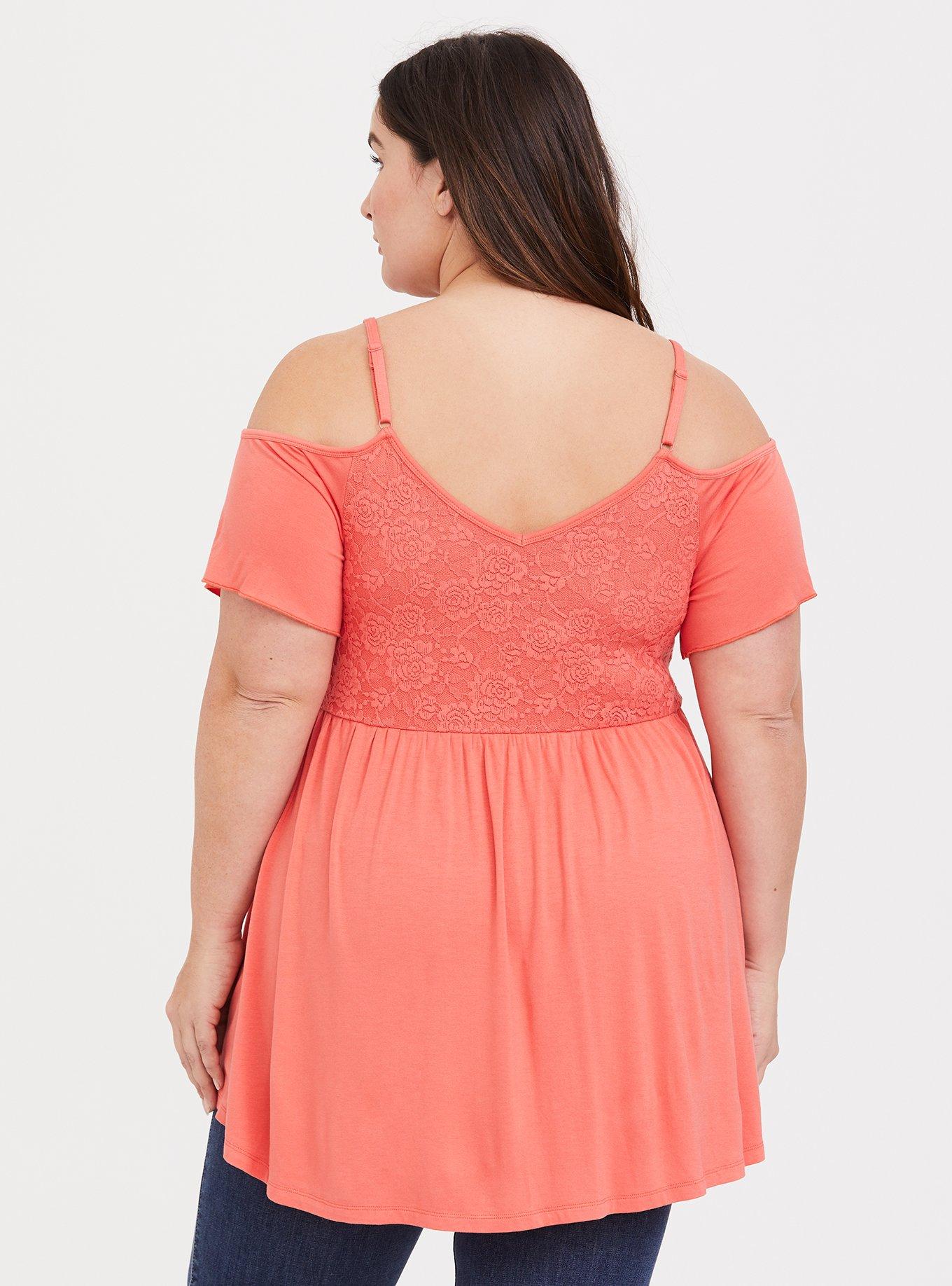 Plus Size Super Soft And Lace Cold Shoulder Babydoll Top, PORCELAIN ROSE, alternate