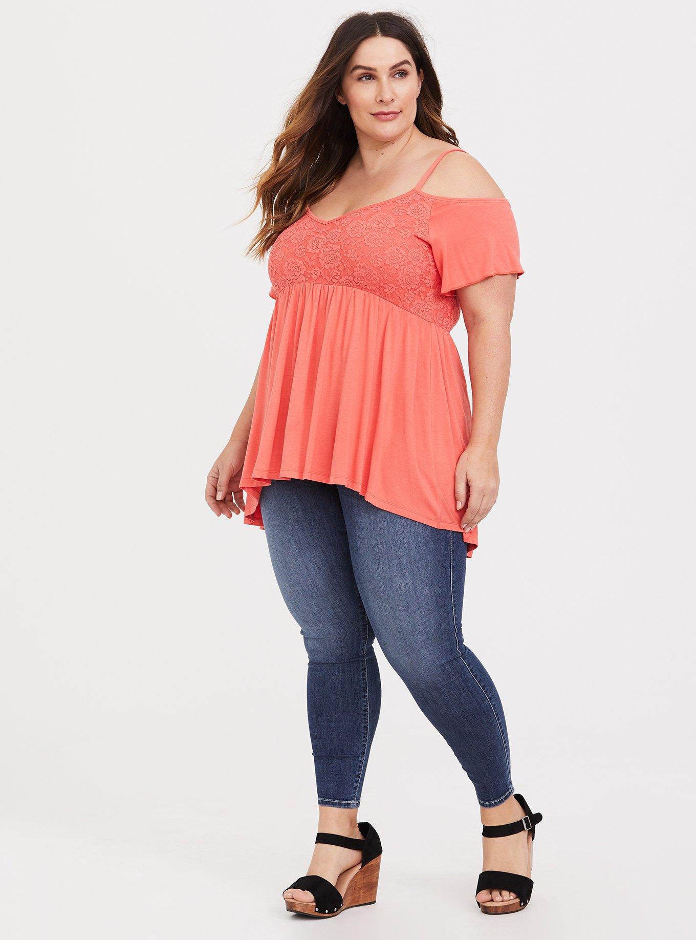 Plus Size - Super Soft And Lace Cold Shoulder Babydoll Top - Torrid