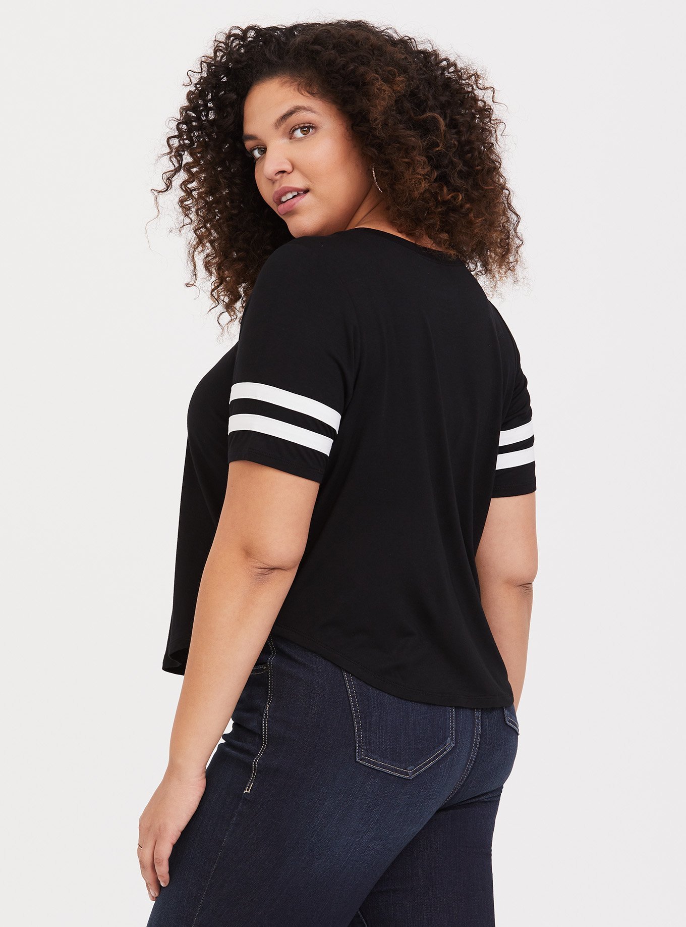 Plus Size - Super Soft Crew Neck Varsity Sleeve Detail Crop Tee - Torrid