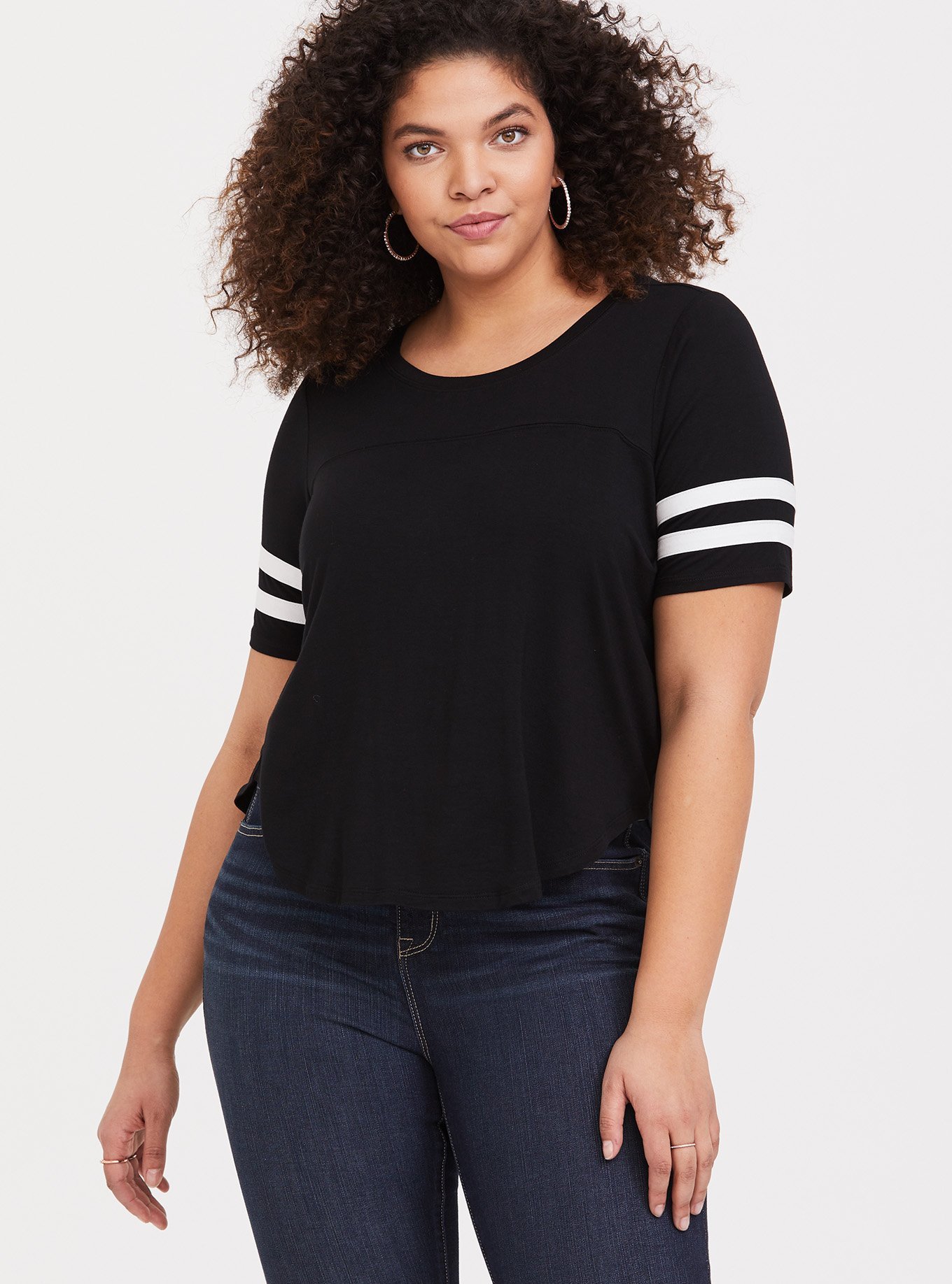 Plus Size - Super Soft Crew Neck Varsity Sleeve Detail Crop Tee - Torrid