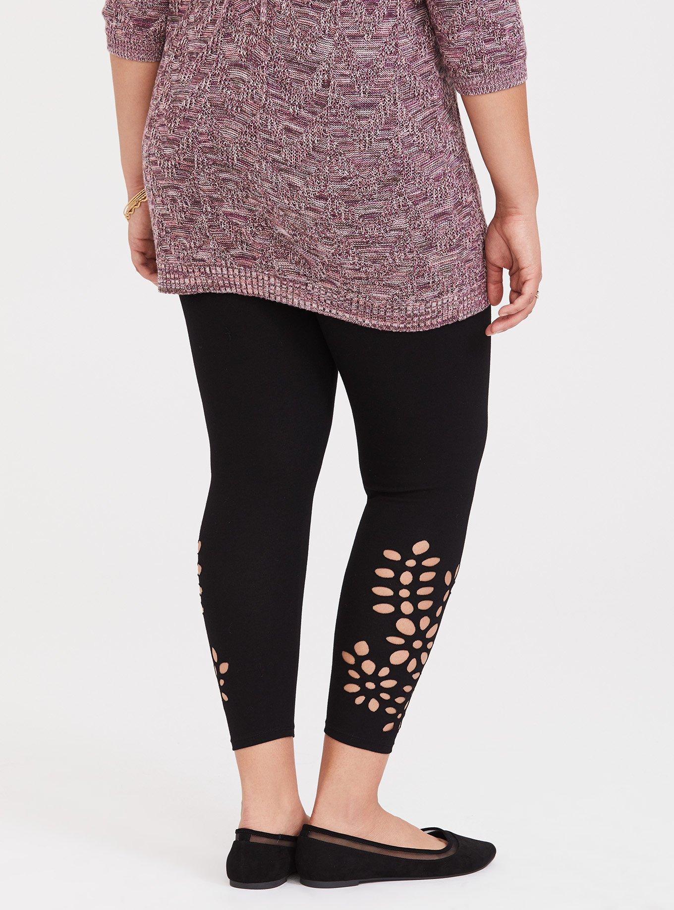 Black Ankle Leaf Laser Cut Crop Legging, BLACK, alternate