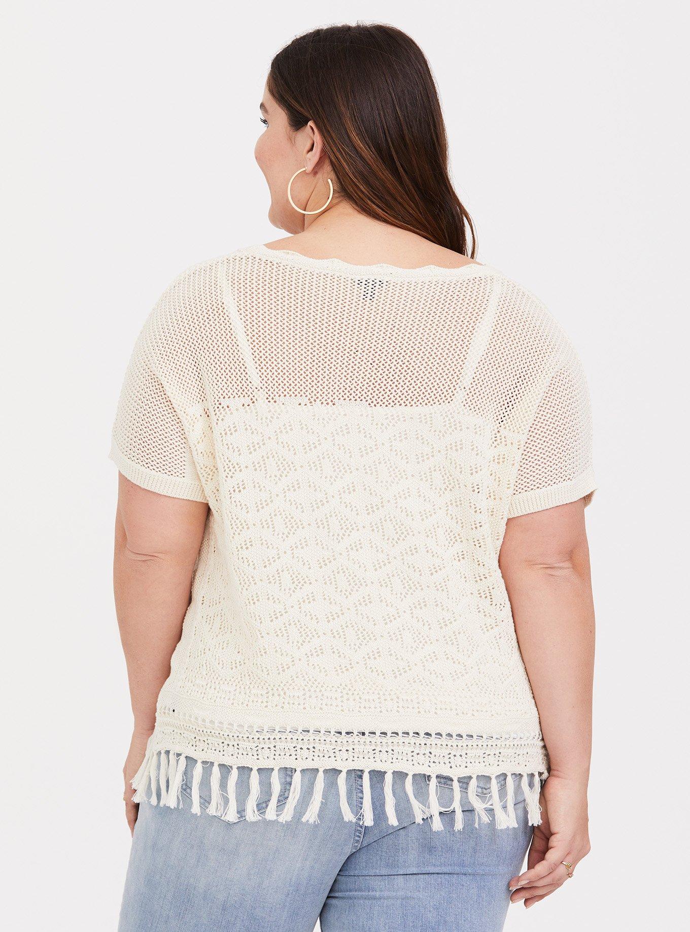 Plus Size - Pullover Short Sleeve Fringe Hem Sweater - Torrid