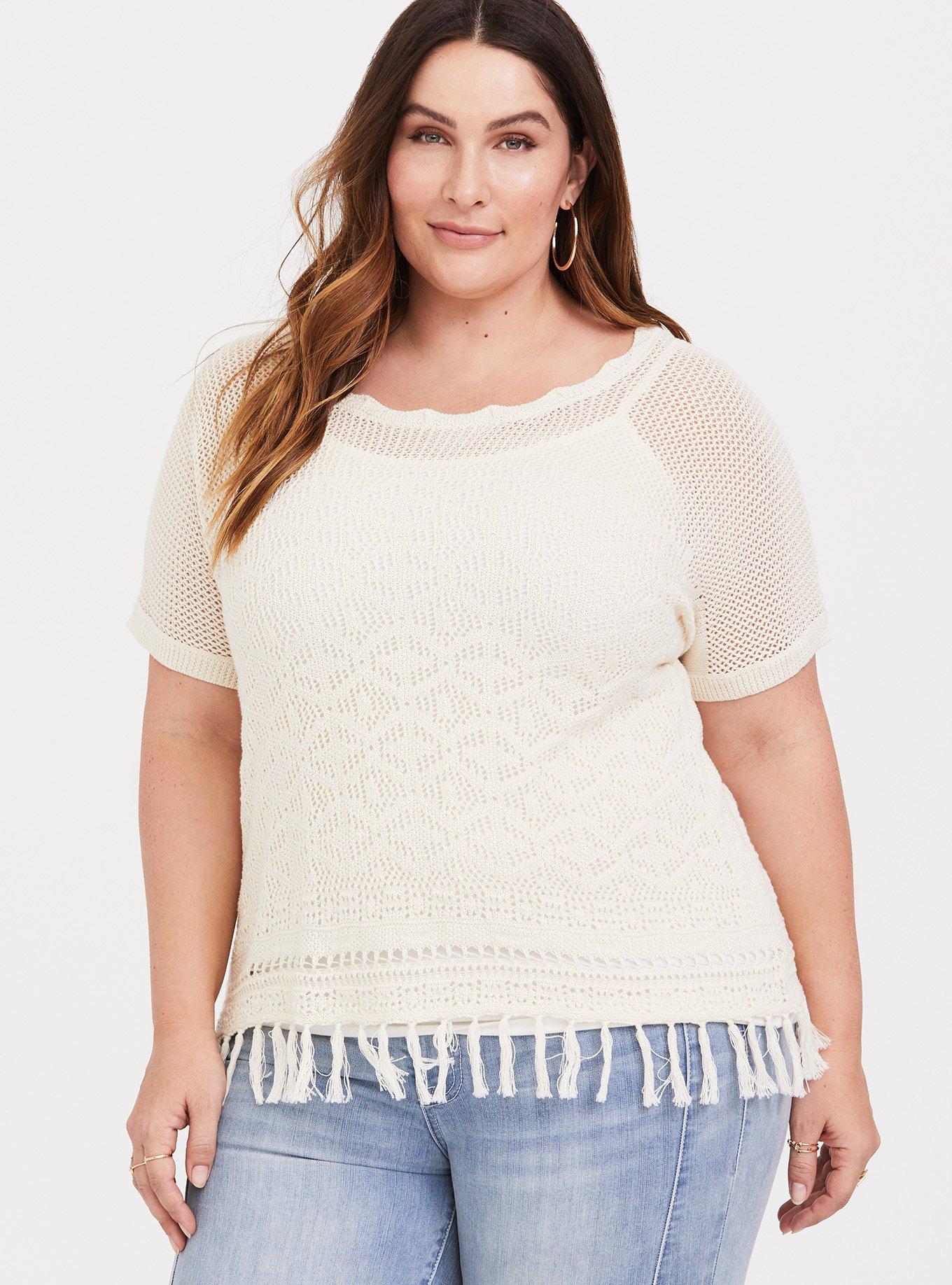 Plus Size - Pullover Short Sleeve Fringe Hem Sweater - Torrid