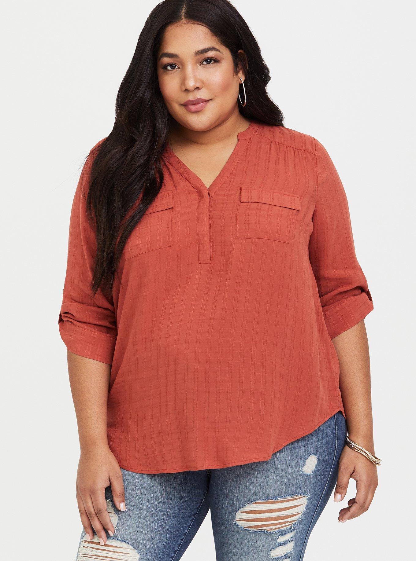 Harper - Burnt Brick Rayon Dobby Pullover Blouse, BURNT BRICK, hi-res