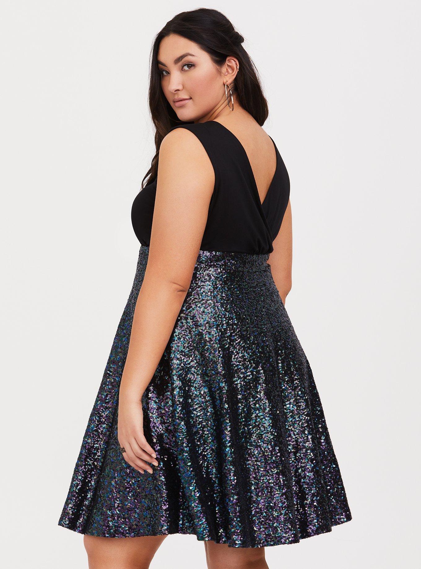 Collared Sequin Tweed Skater Dress - Black