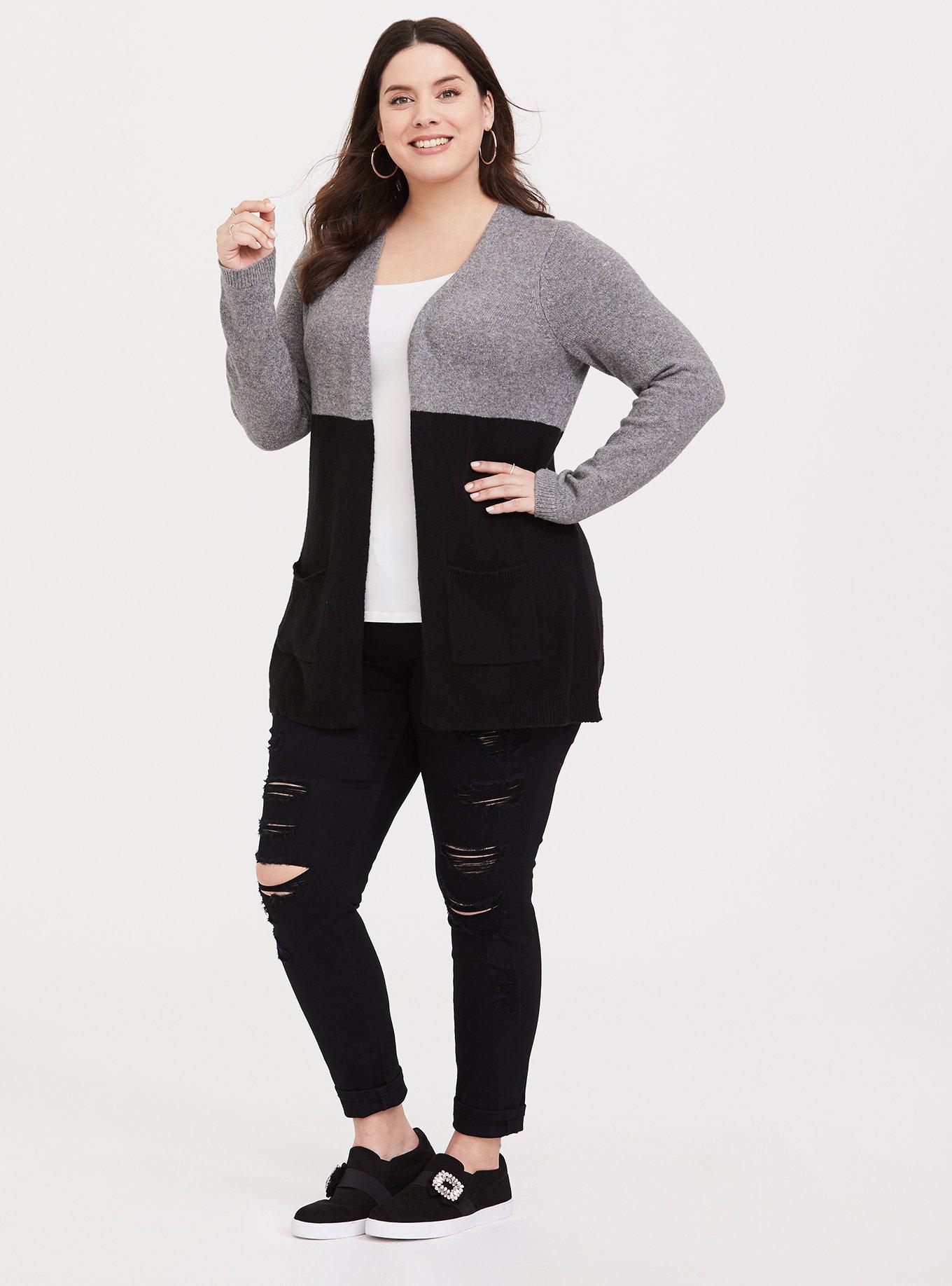 Plus Size Grey & Black Colorblock Cardigan, HEATHER GREY, alternate