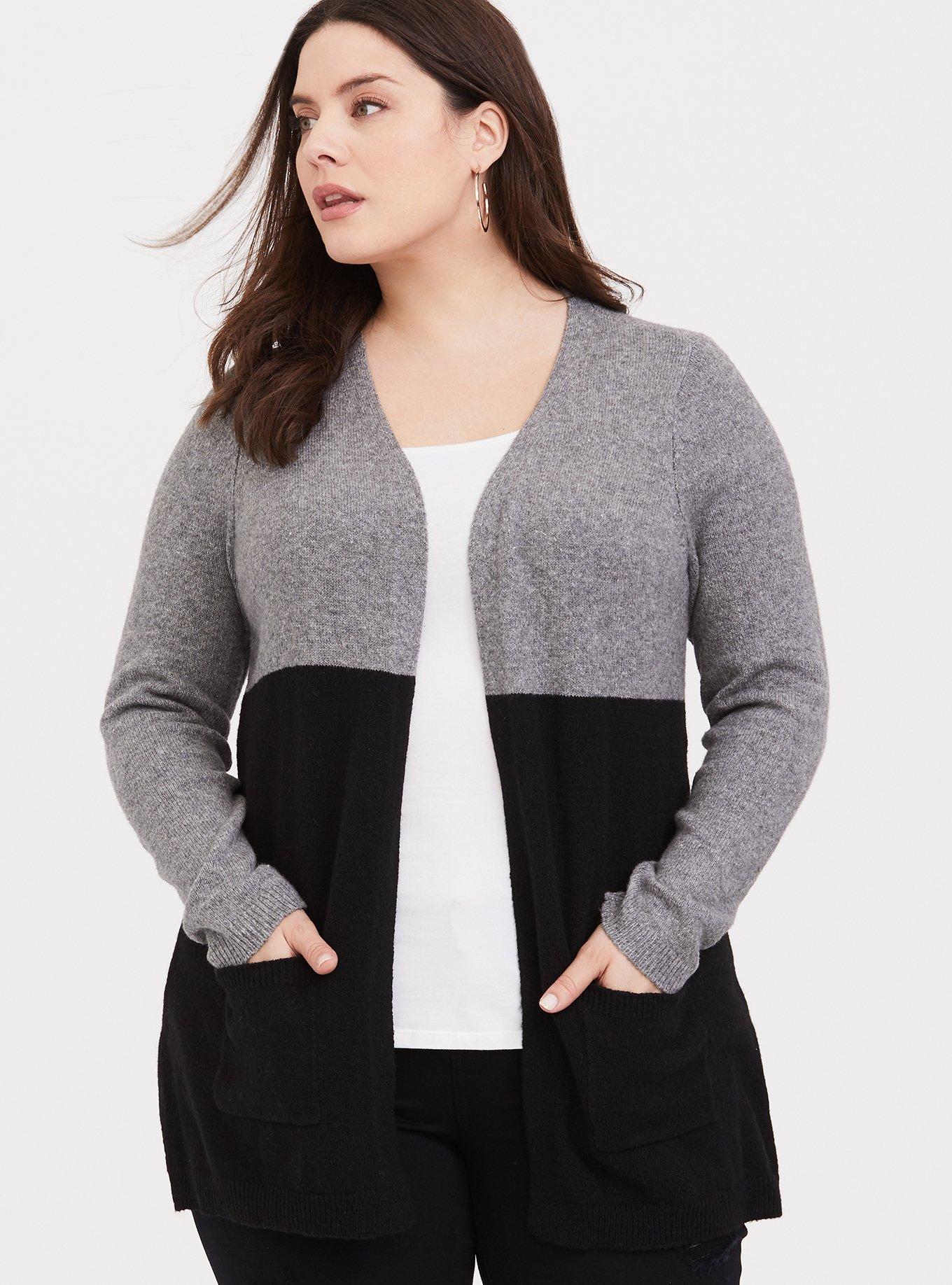 Plus Size Grey & Black Colorblock Cardigan, HEATHER GREY, hi-res