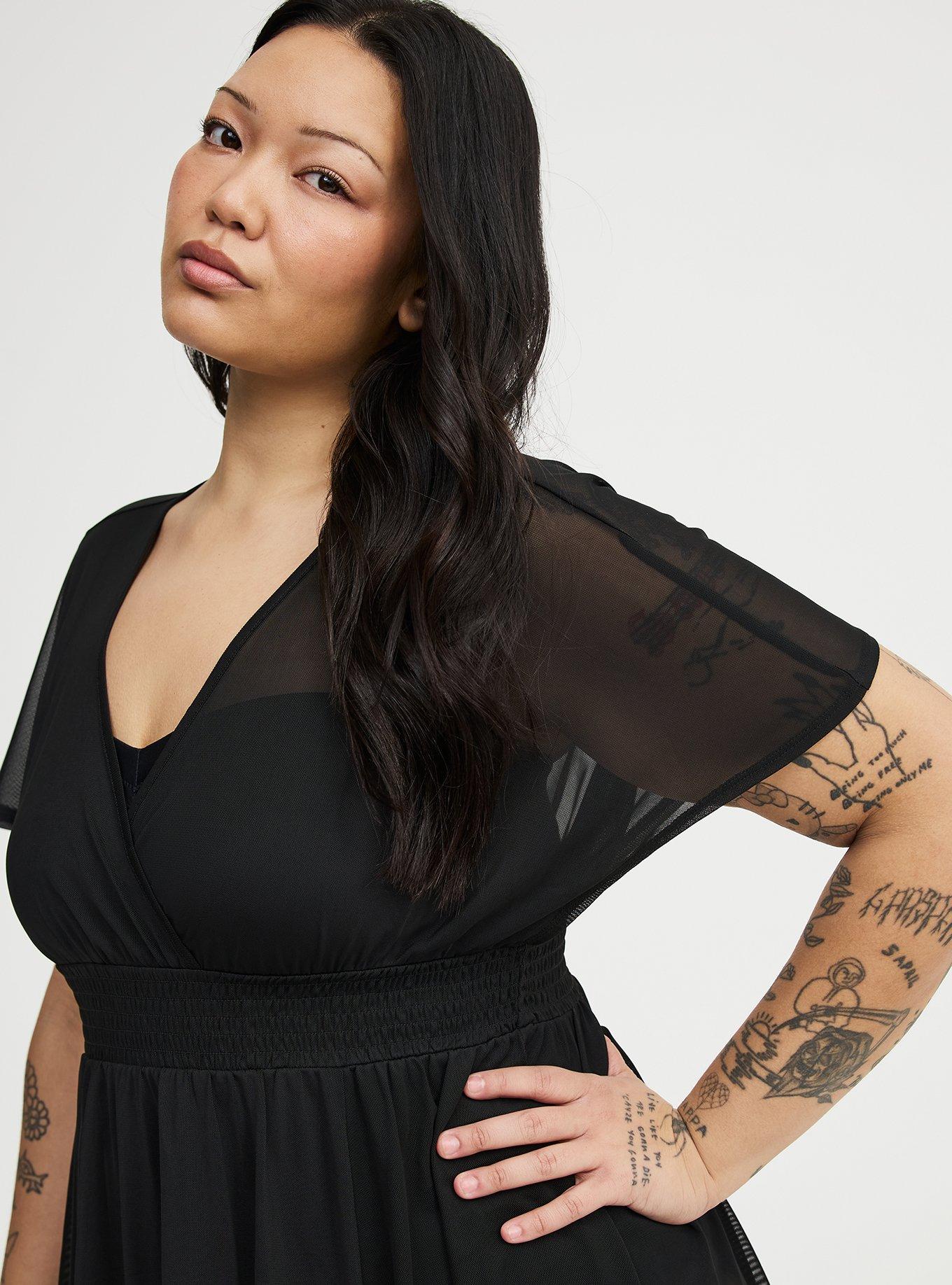 Mesh Smocked Waist Swim Cover-Up, DEEP BLACK, alternate