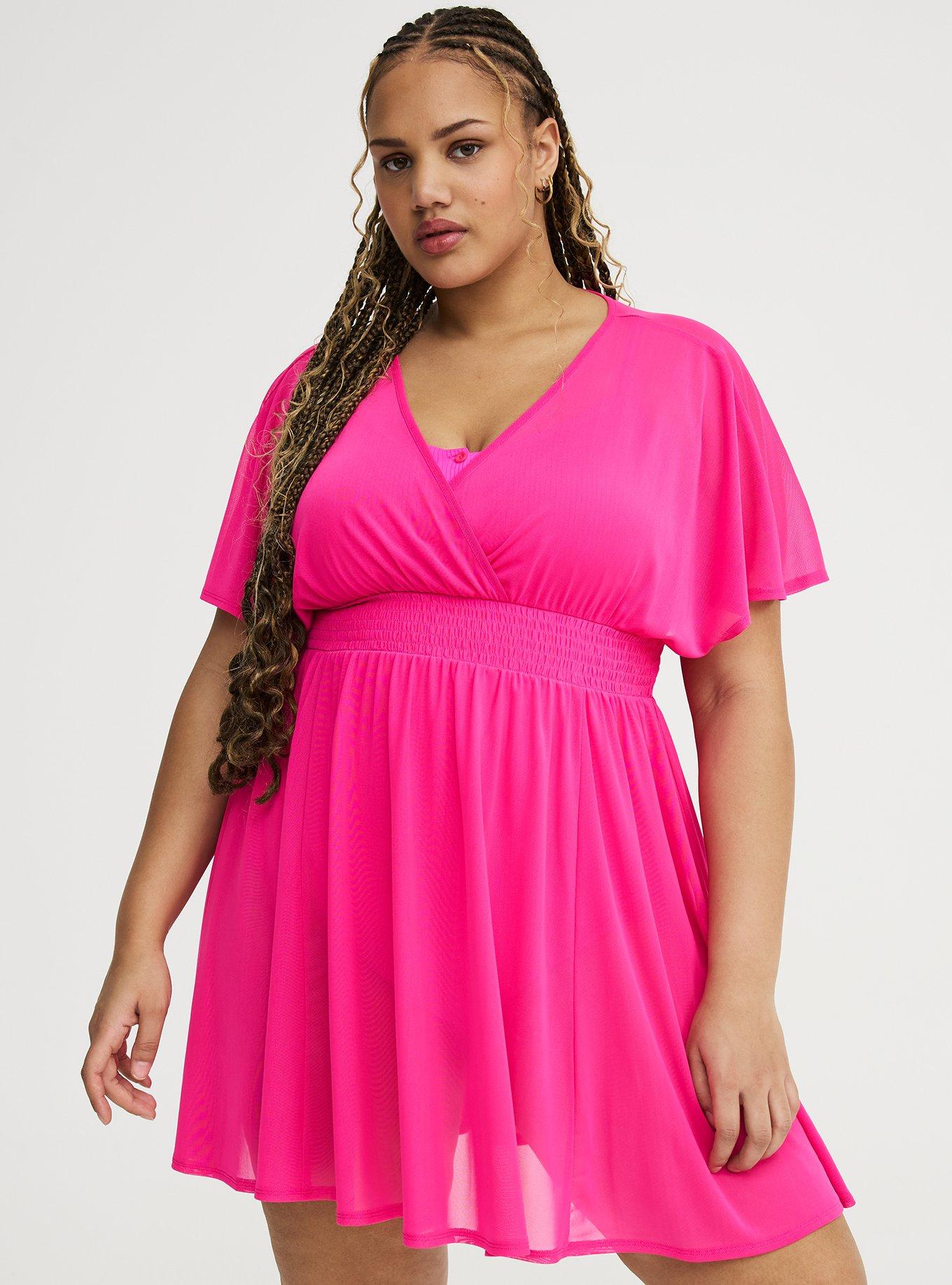 Chiffon Smocked Waist Cover-Up Dress, NEON PINK SWIM, hi-res