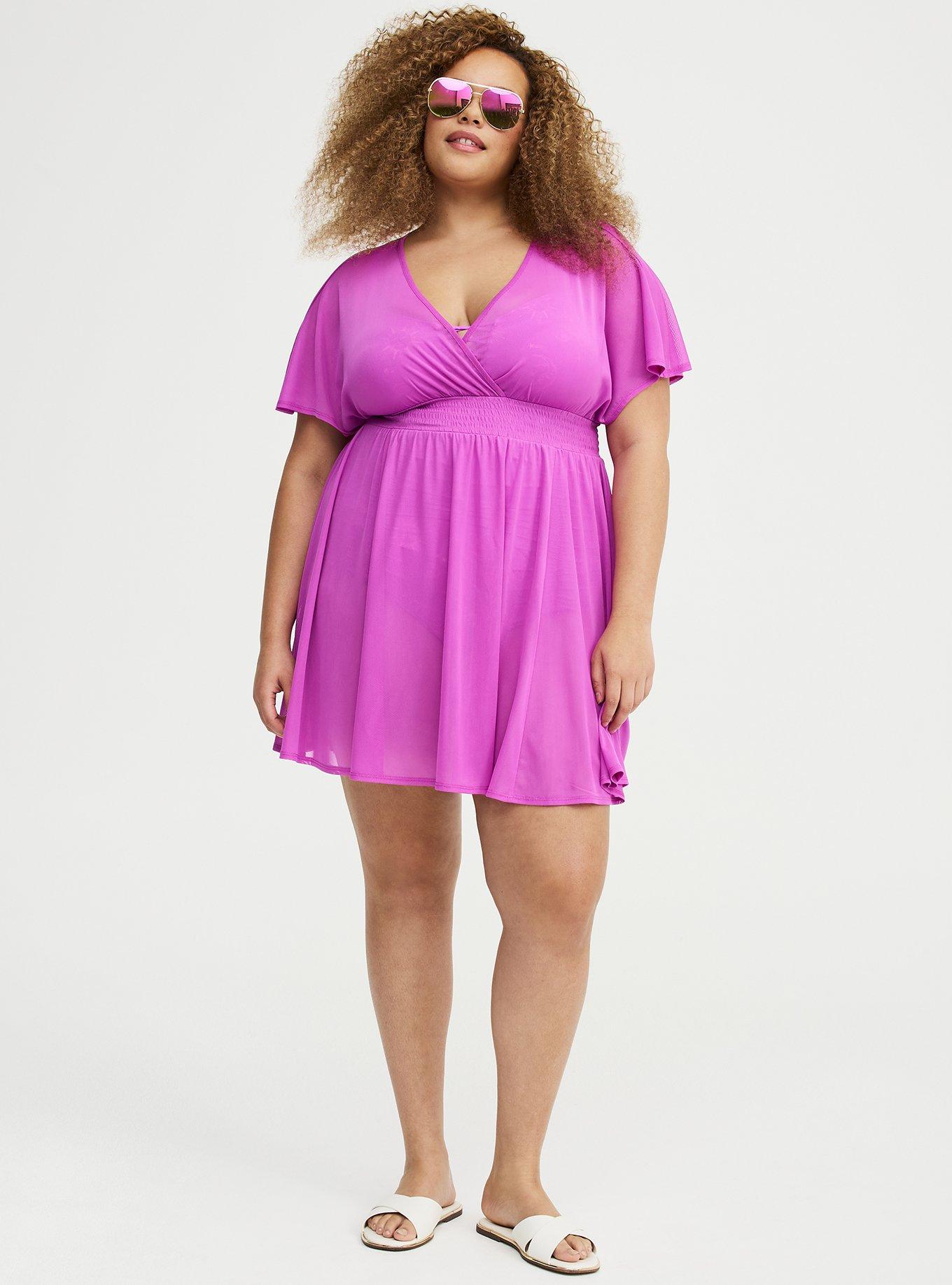 Mesh Smocked Waist Swim Cover-Up, VIVID VIOLET SWIM, hi-res