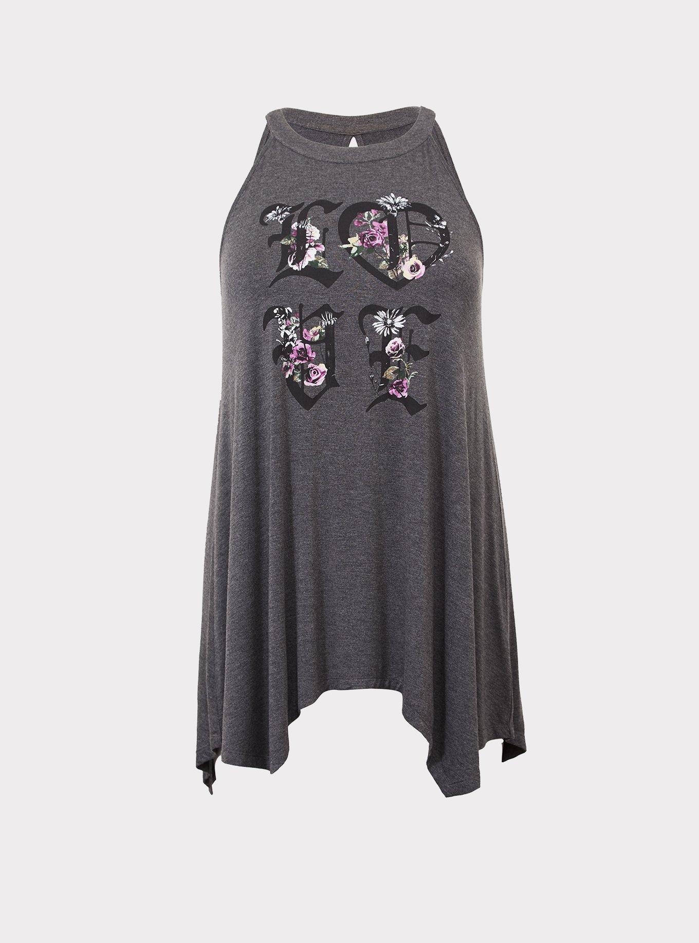 Plus Size Super Soft Dark Gray Love Handkerchief Tunic Tank, , hi-res