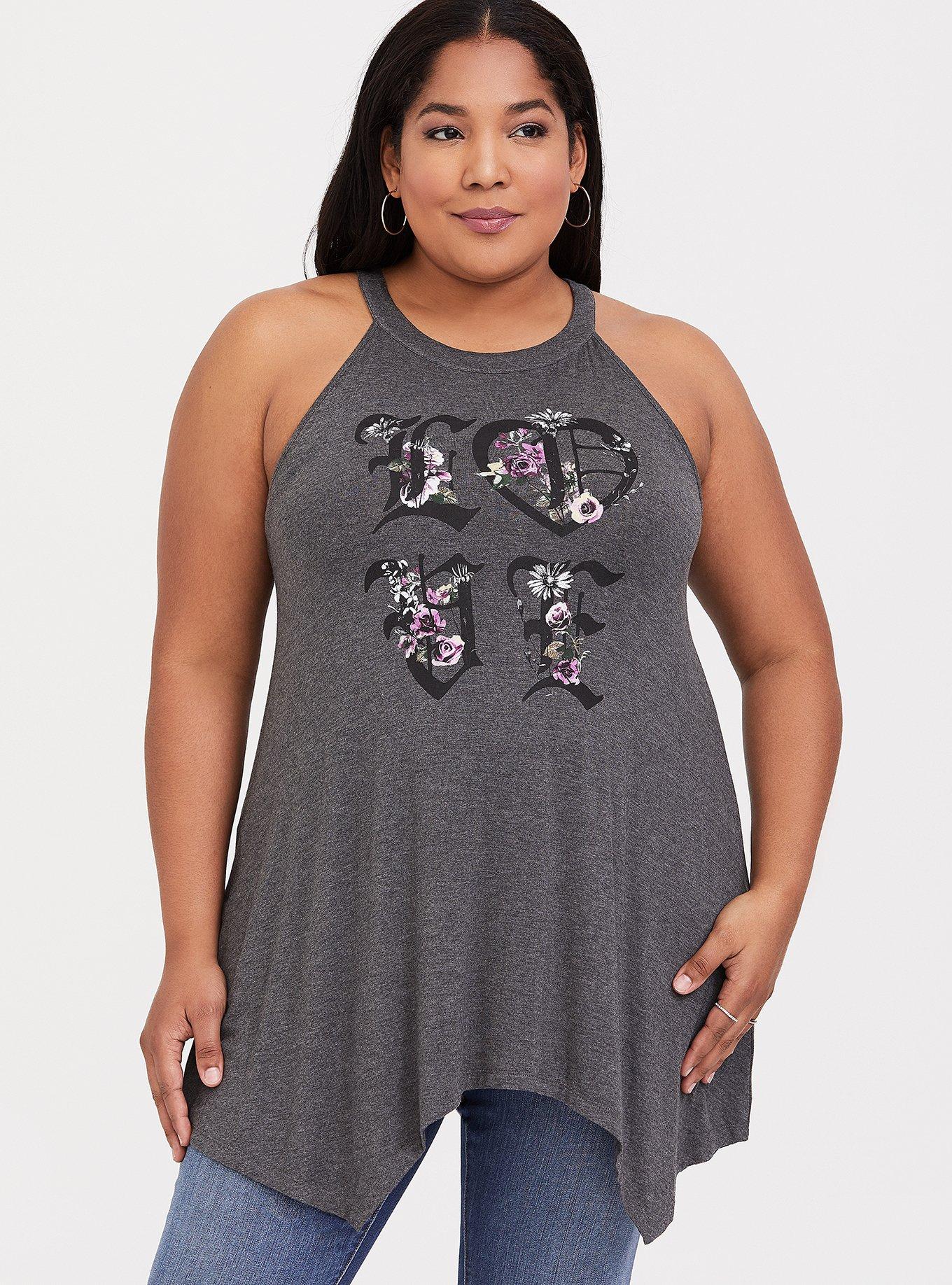 Plus Size Super Soft Dark Gray Love Handkerchief Tunic Tank, , hi-res