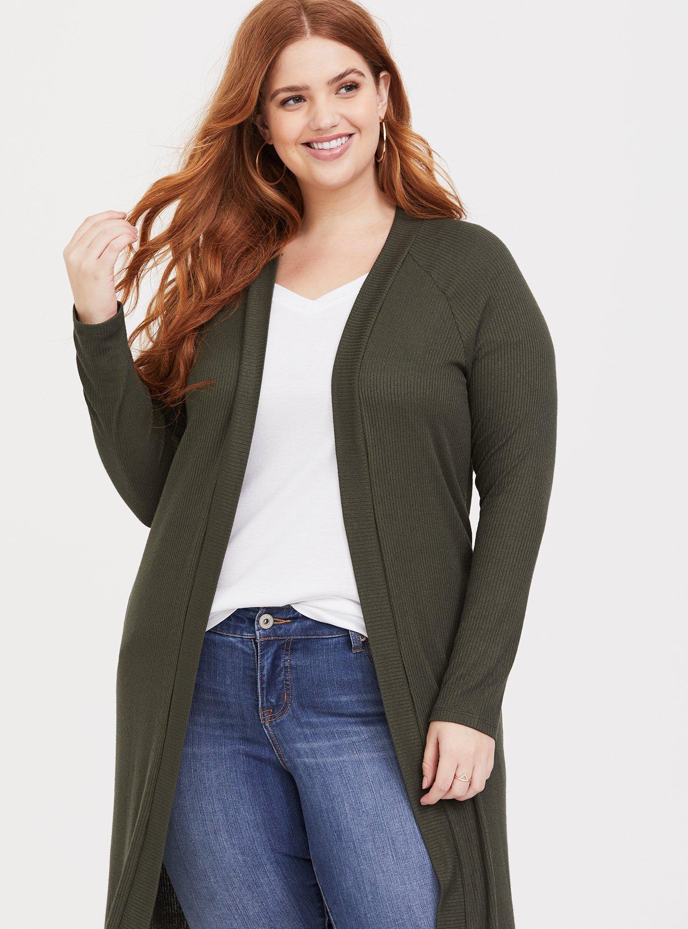 Plus Size - Olive Ribbed Duster - Torrid