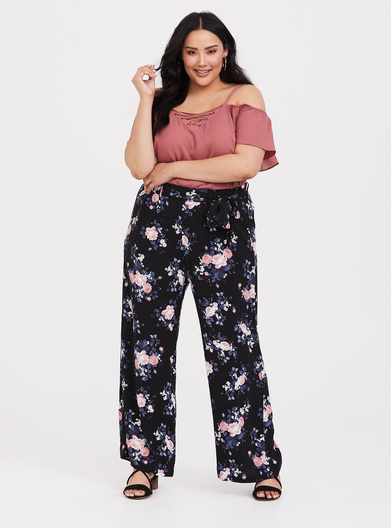 Plus Size - Black Floral Challis Wide Leg Pant - Torrid