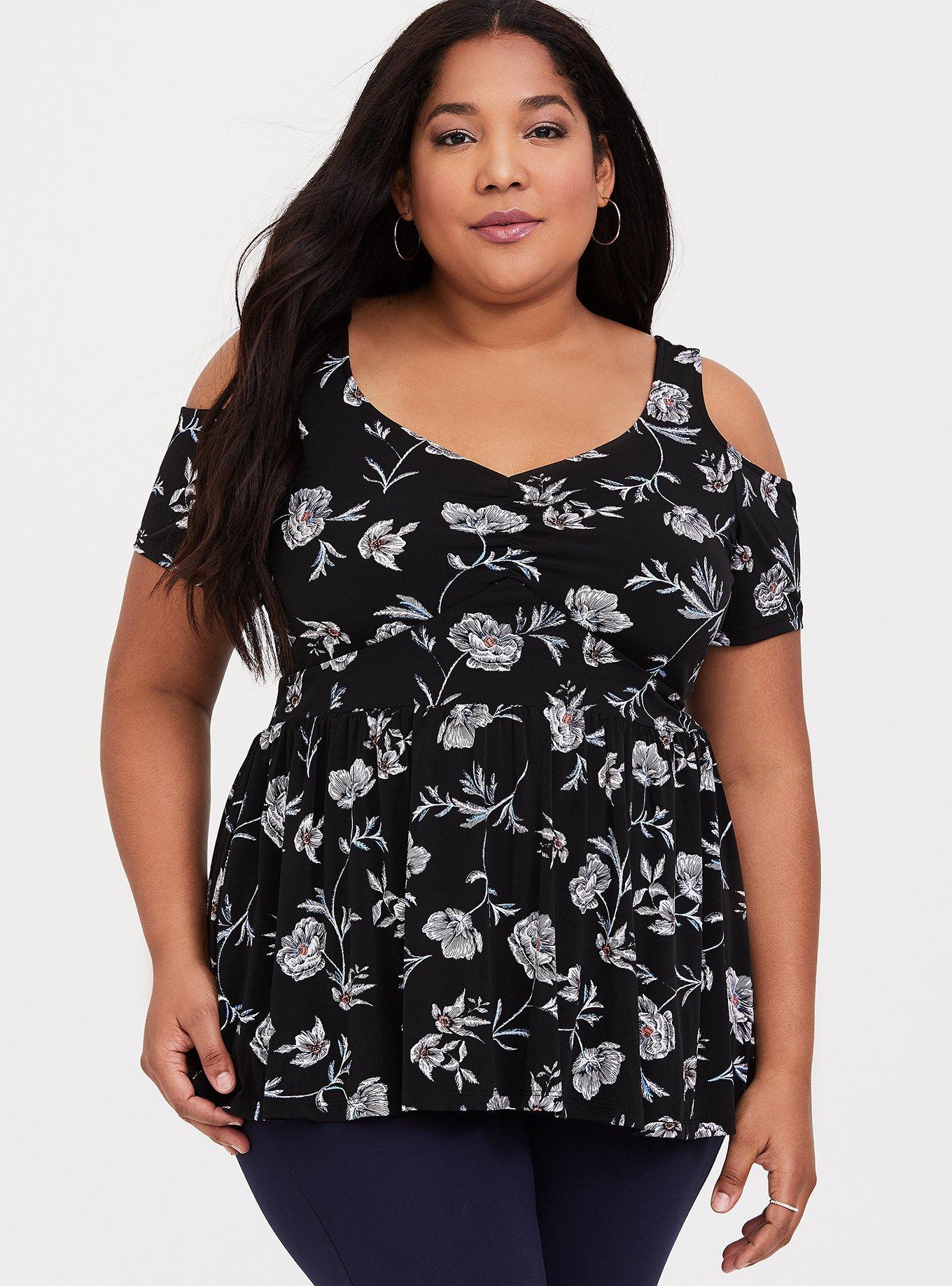 Plus Size - Black Floral Studio Knit Peplum Top - Torrid