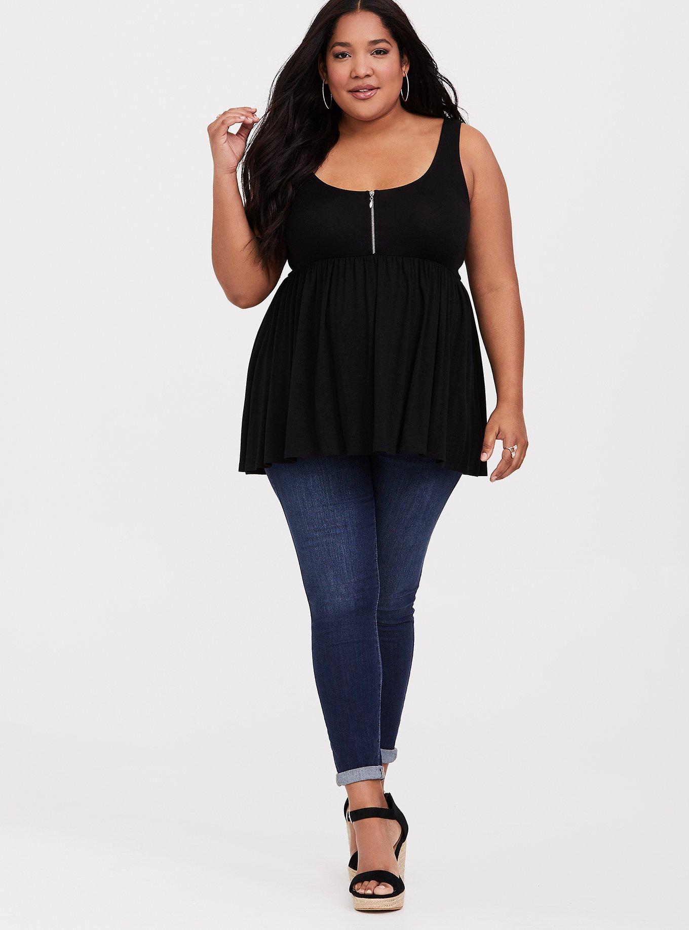 Plus Size Super Soft Black Zip Babydoll Tank, DEEP BLACK, alternate