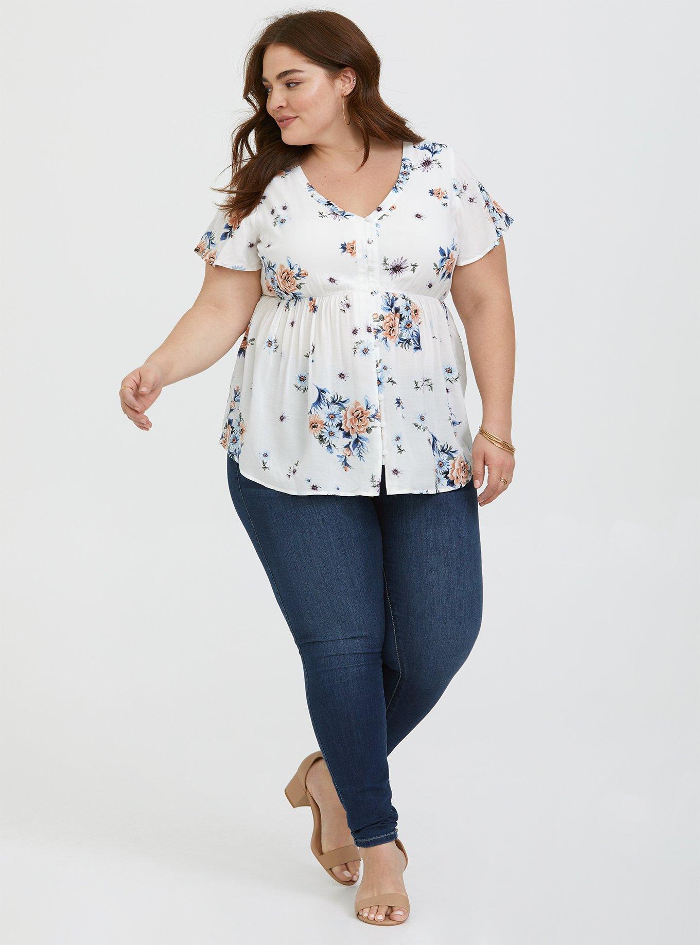 Plus Size Babydoll Challis Button-Front Top, ROSE DAISY, alternate