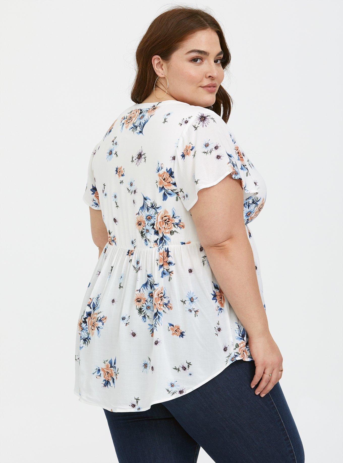 Plus Size Babydoll Challis Button-Front Top, ROSE DAISY, alternate