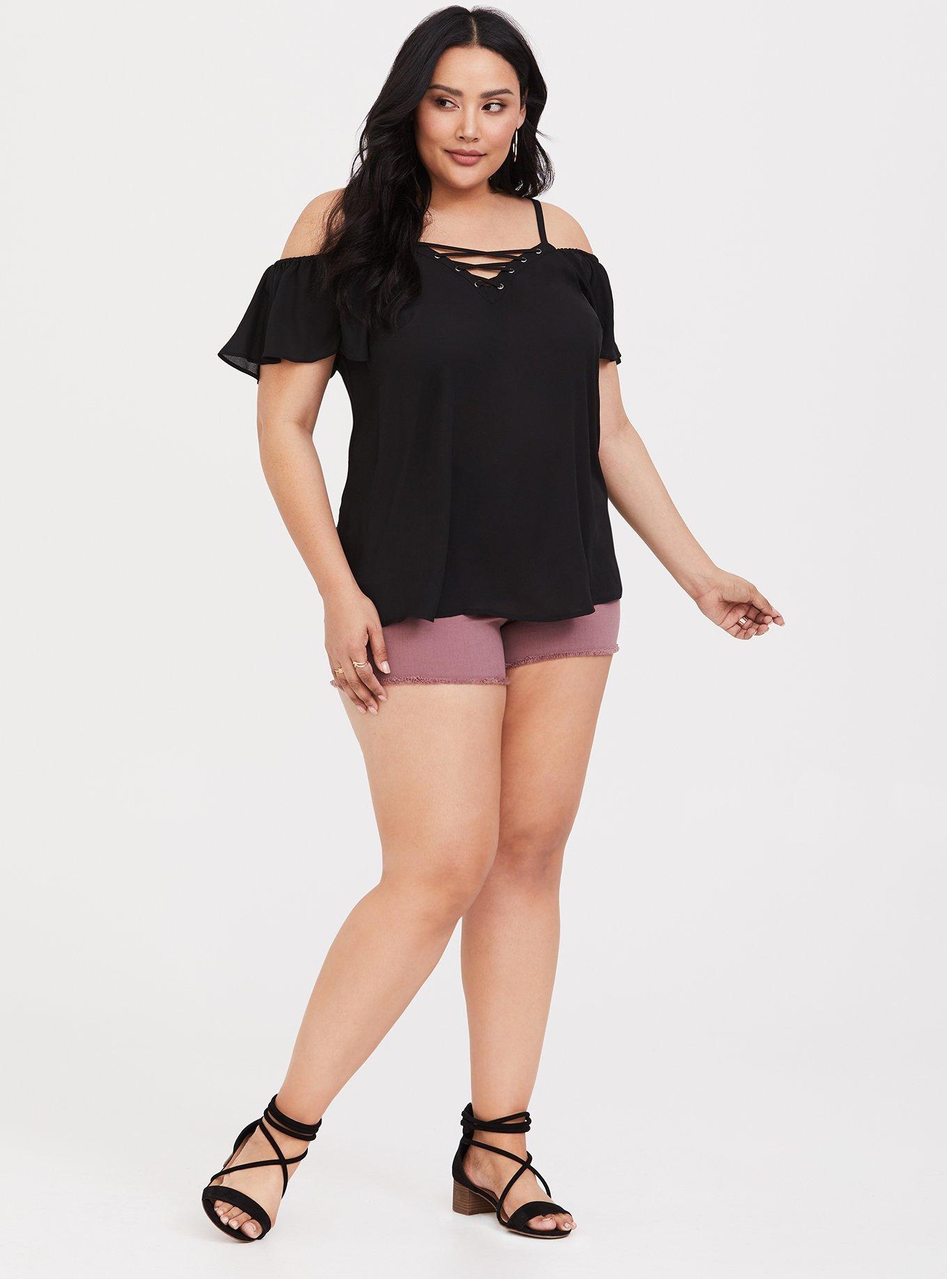 Plus Size Georgette Lace-Up Cold Shoulder, DEEP BLACK, alternate