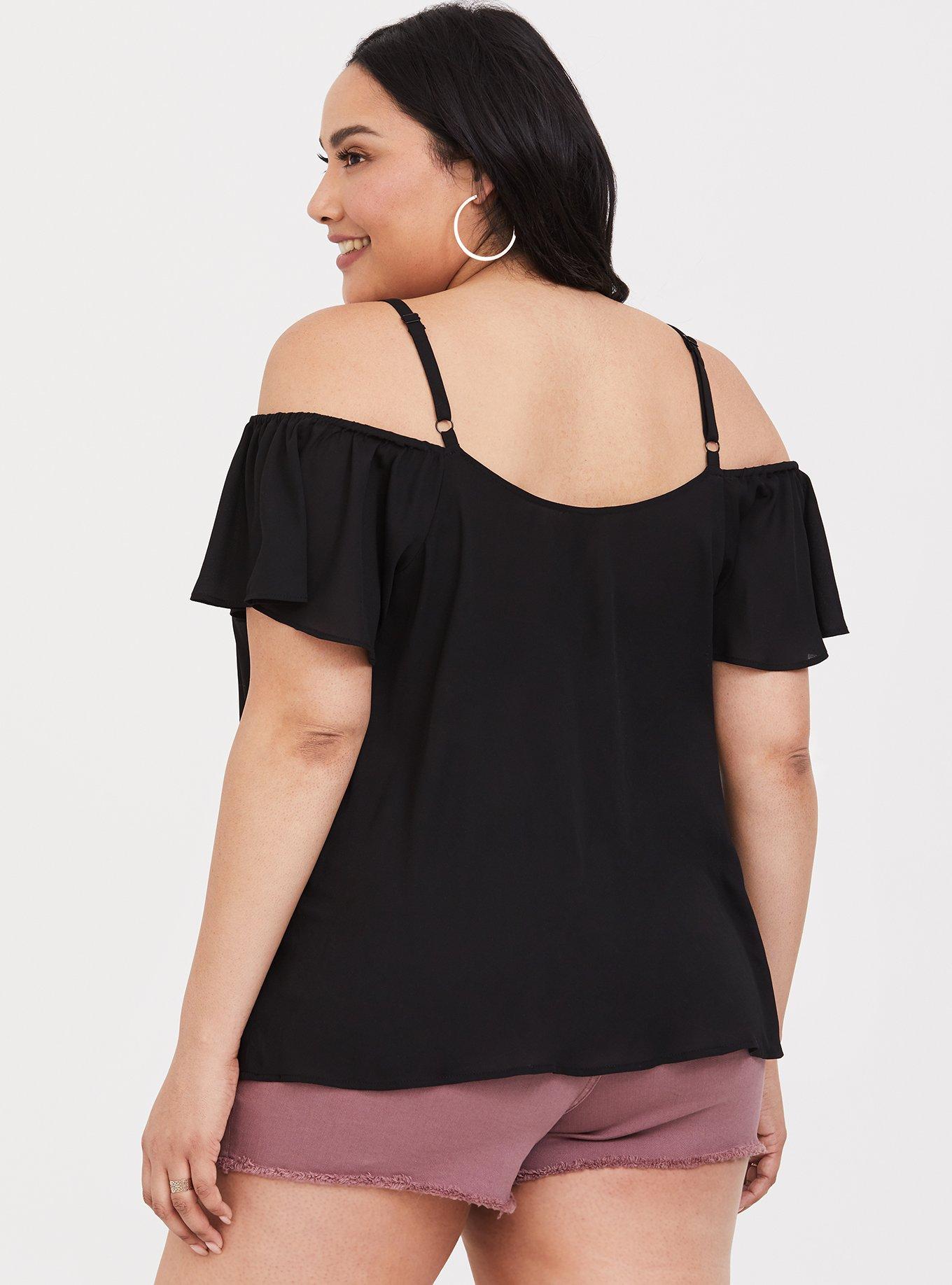 Plus Size Georgette Lace-Up Cold Shoulder, DEEP BLACK, alternate