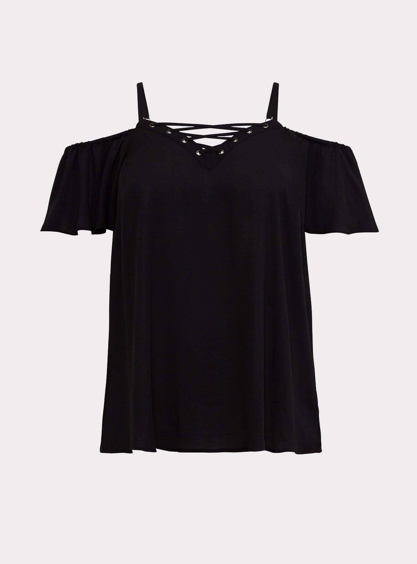 Plus Size Georgette Lace-Up Cold Shoulder, DEEP BLACK, hi-res