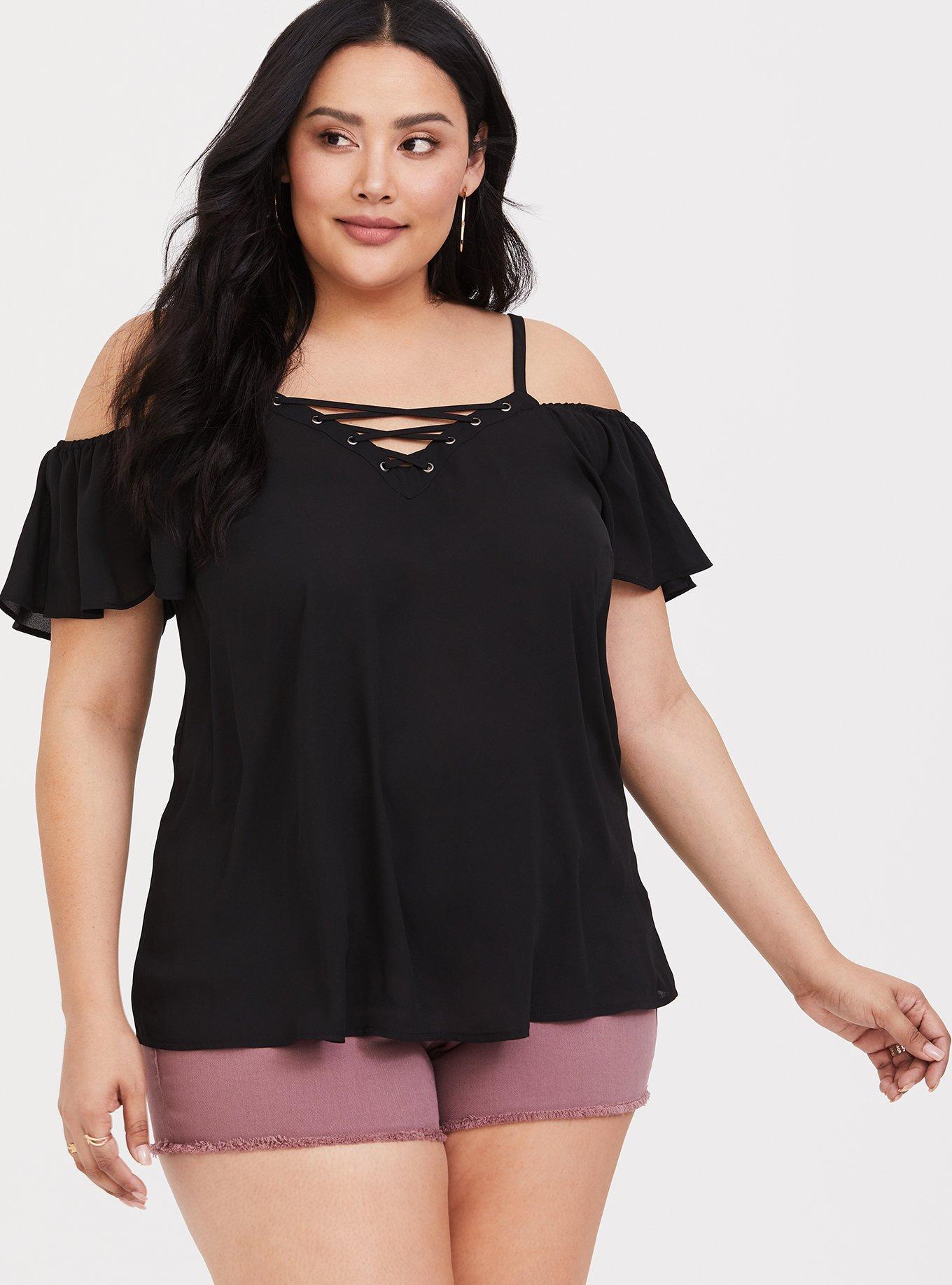 Plus Size Georgette Lace-Up Cold Shoulder, DEEP BLACK, hi-res