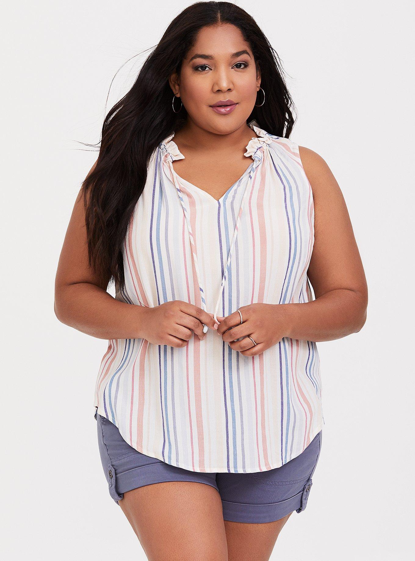 Plus Size Ivory Stripe Pullover Tank, STRIPE, hi-res
