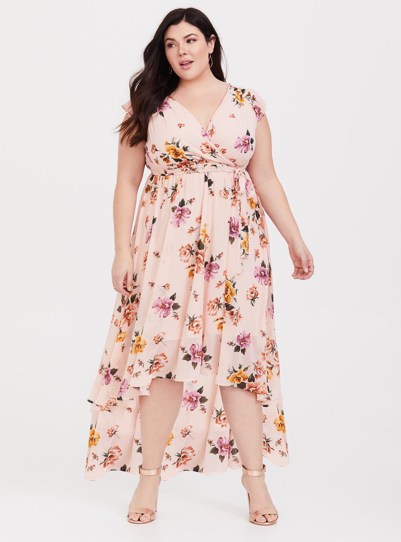 Plus Size Blush Pink Floral Chiffon Hi-Lo Dress, , hi-res