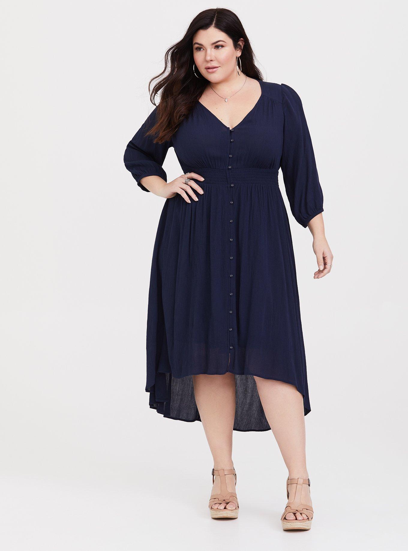 Plus Size - Navy Gauze Smocked Midi Shirt Dress - Torrid