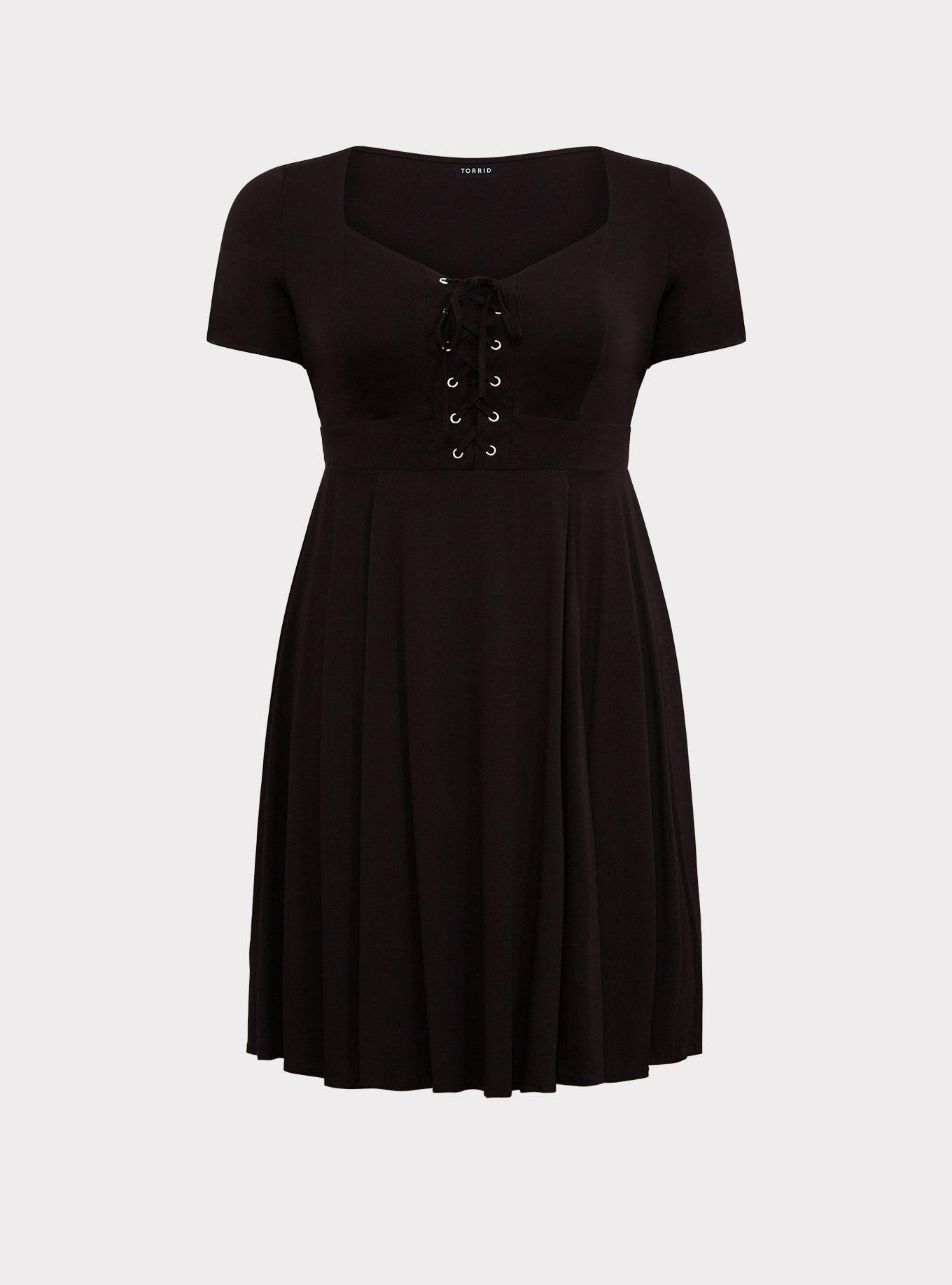 Black Challis Lace-Up Skater Dress, , hi-res