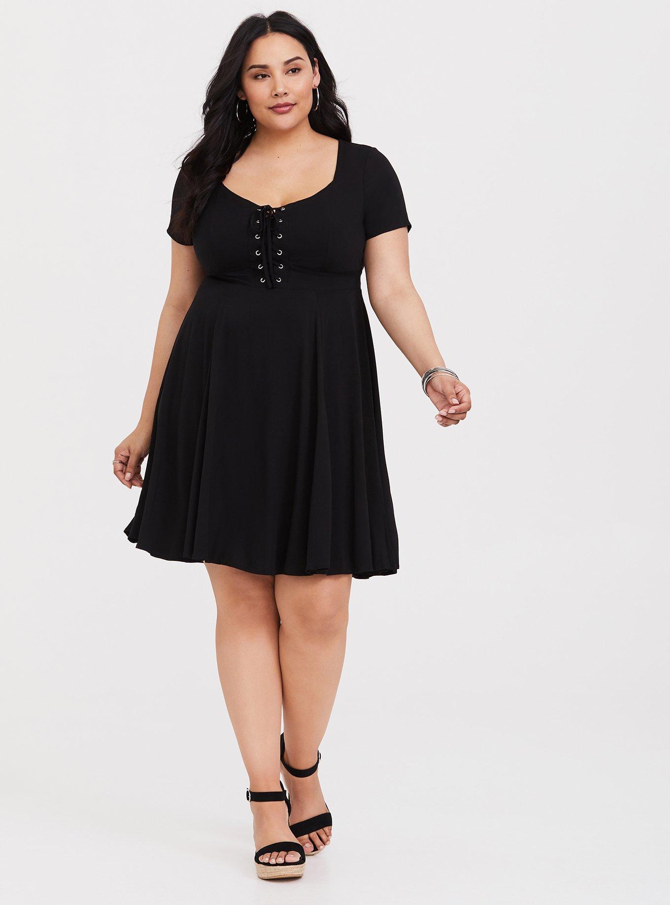 Black Challis Lace-Up Skater Dress, , hi-res