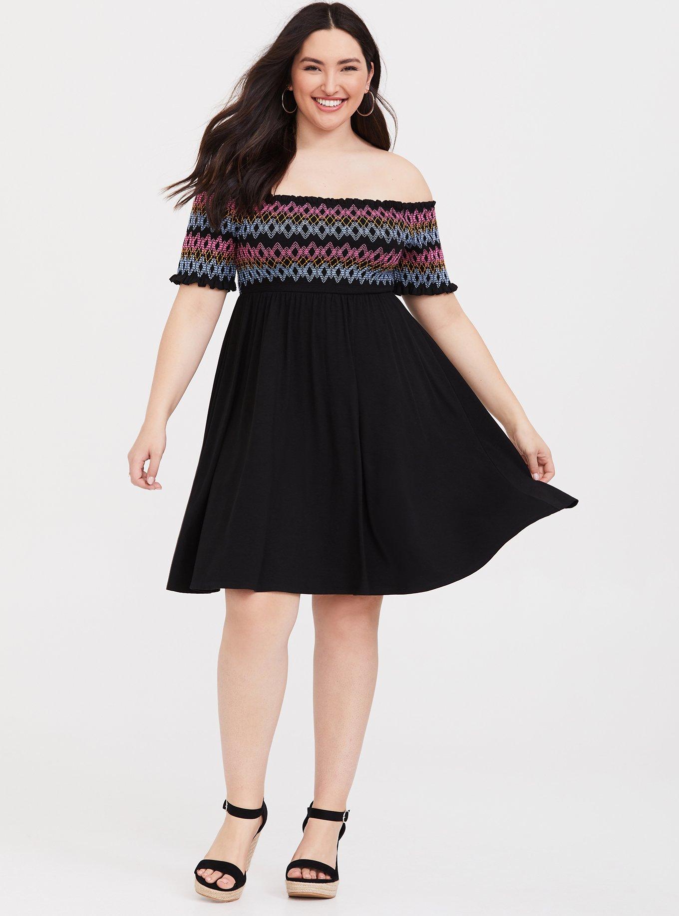 Plus Size Black Embroidered Jersey Off Shoulder Skater Dress, DEEP BLACK, alternate